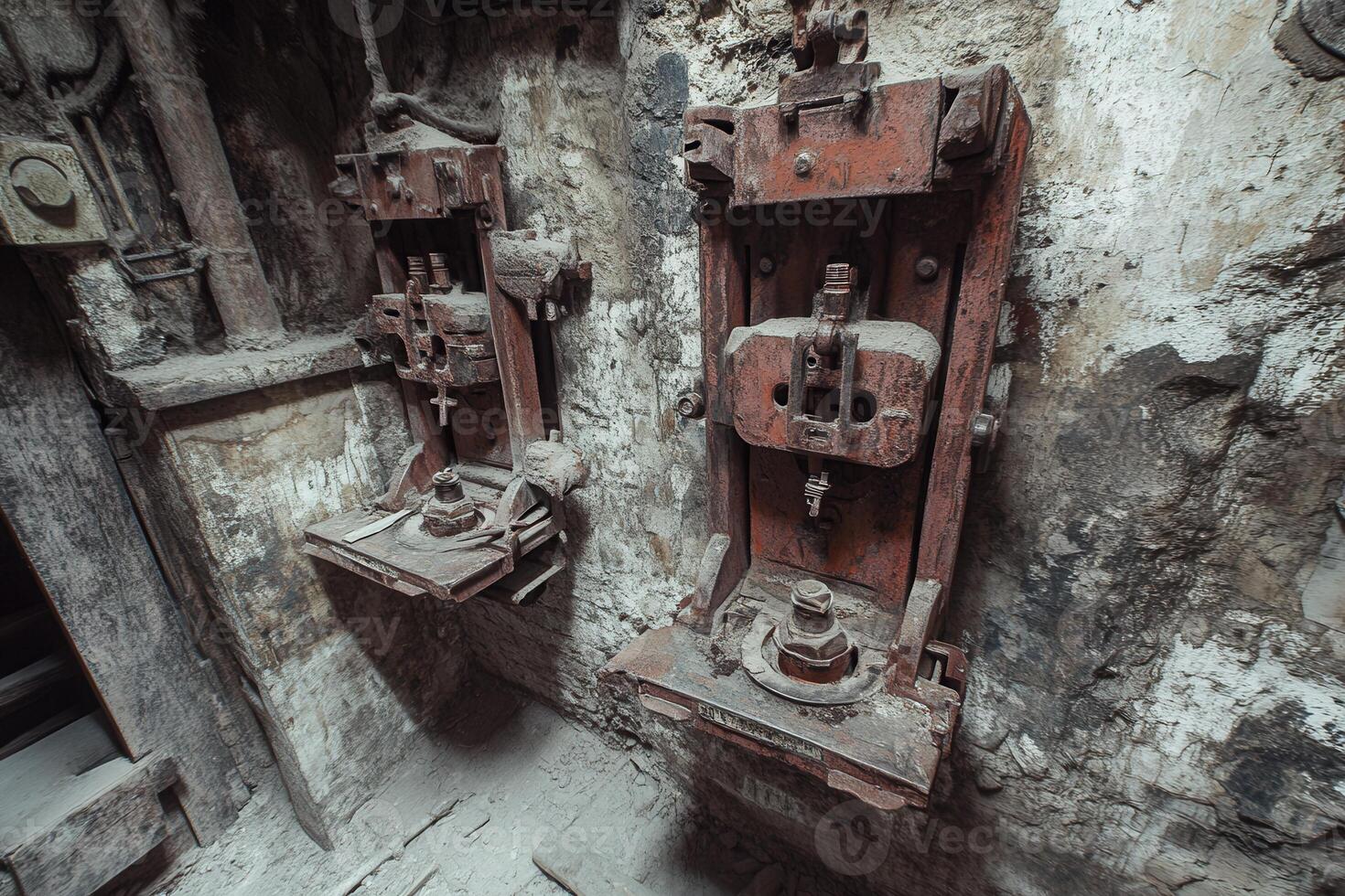 Old machinery in a dusty industrial setting. photo