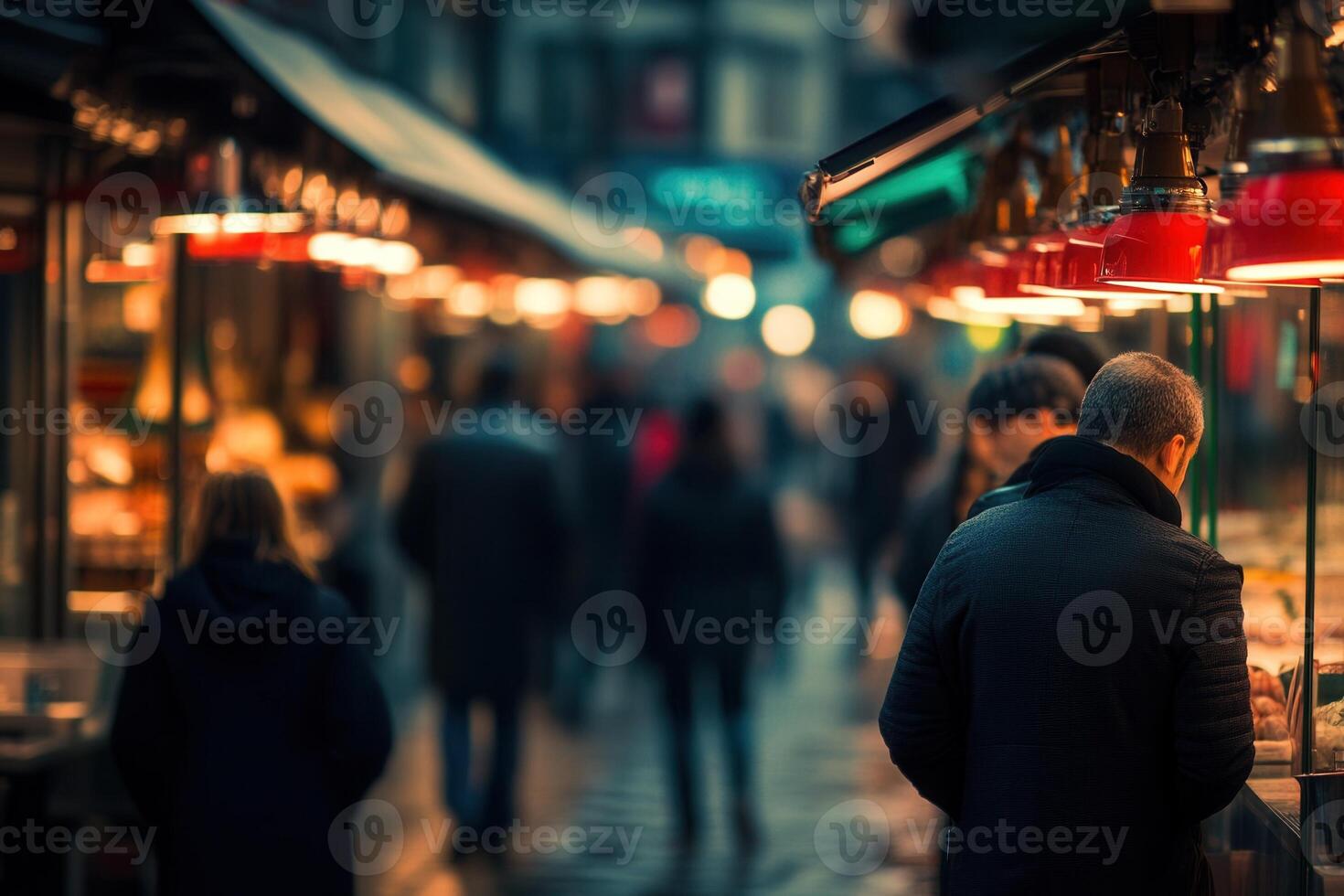 Evening market scene with people browsing stalls. photo
