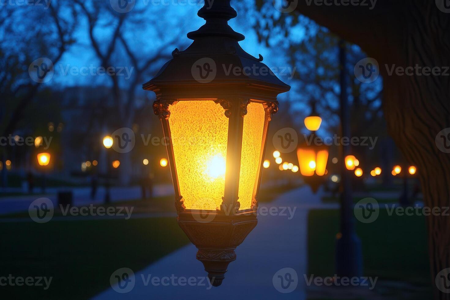 Illuminated street lamp glowing at dusk in a park. photo