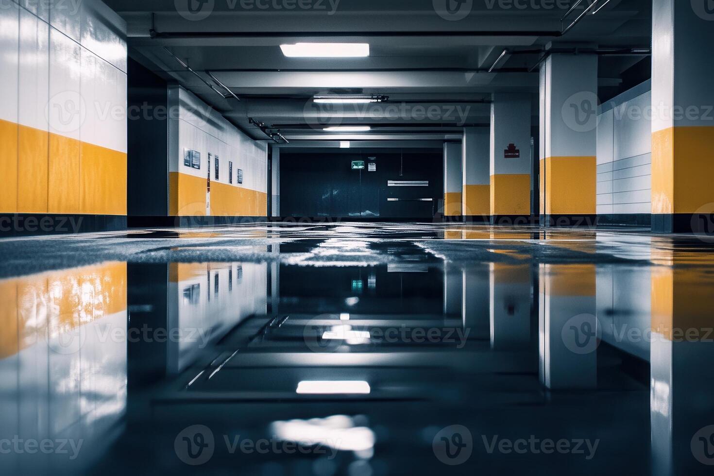 Empty underground parking lot with reflective water. photo