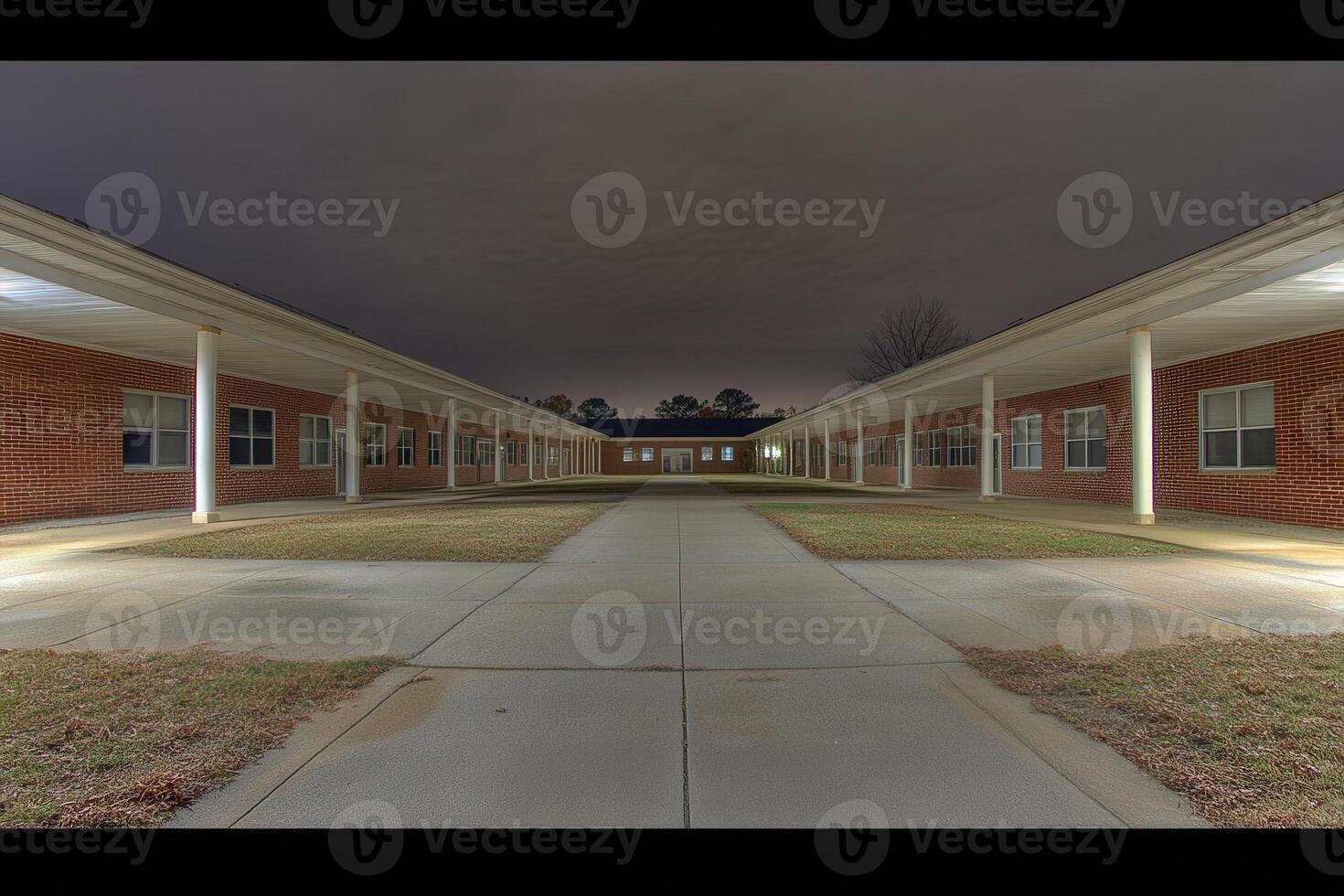 Nighttime view of a school courtyard with brick buildings. photo