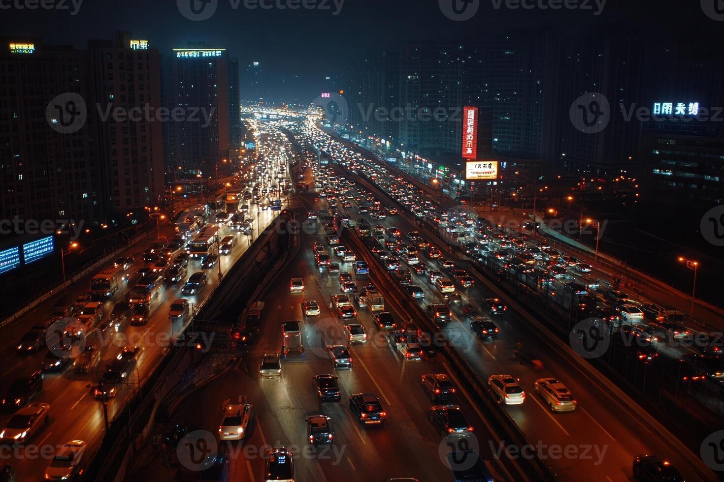 Nighttime urban traffic jam with illuminated skyline. photo