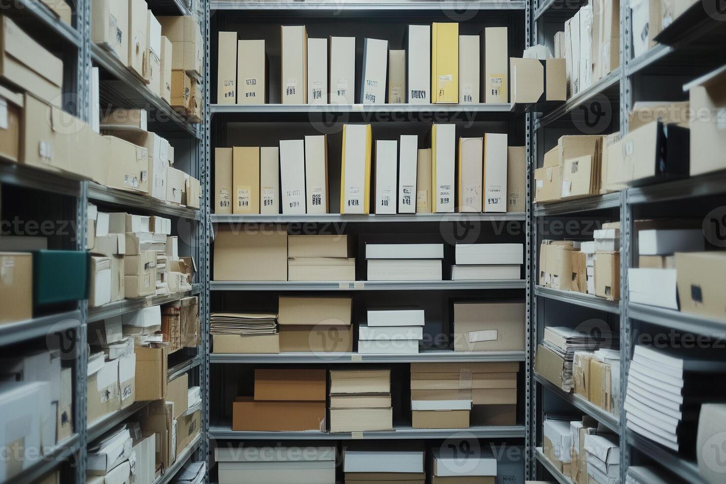 Organized storage room filled with various boxes. photo