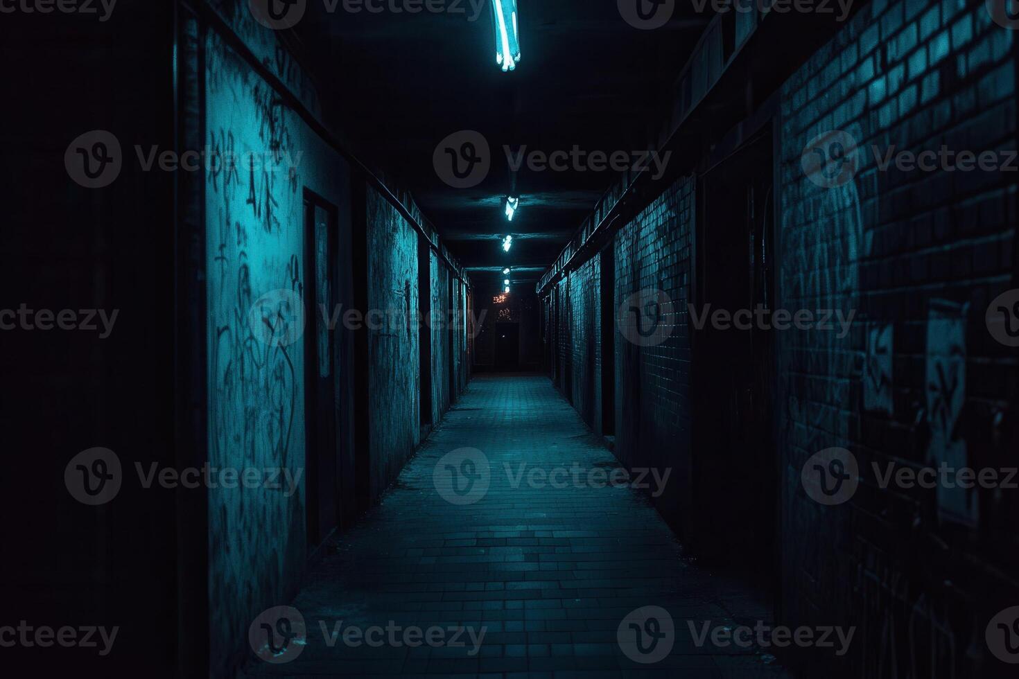 Dimly lit corridor with graffiti and neon lights. photo