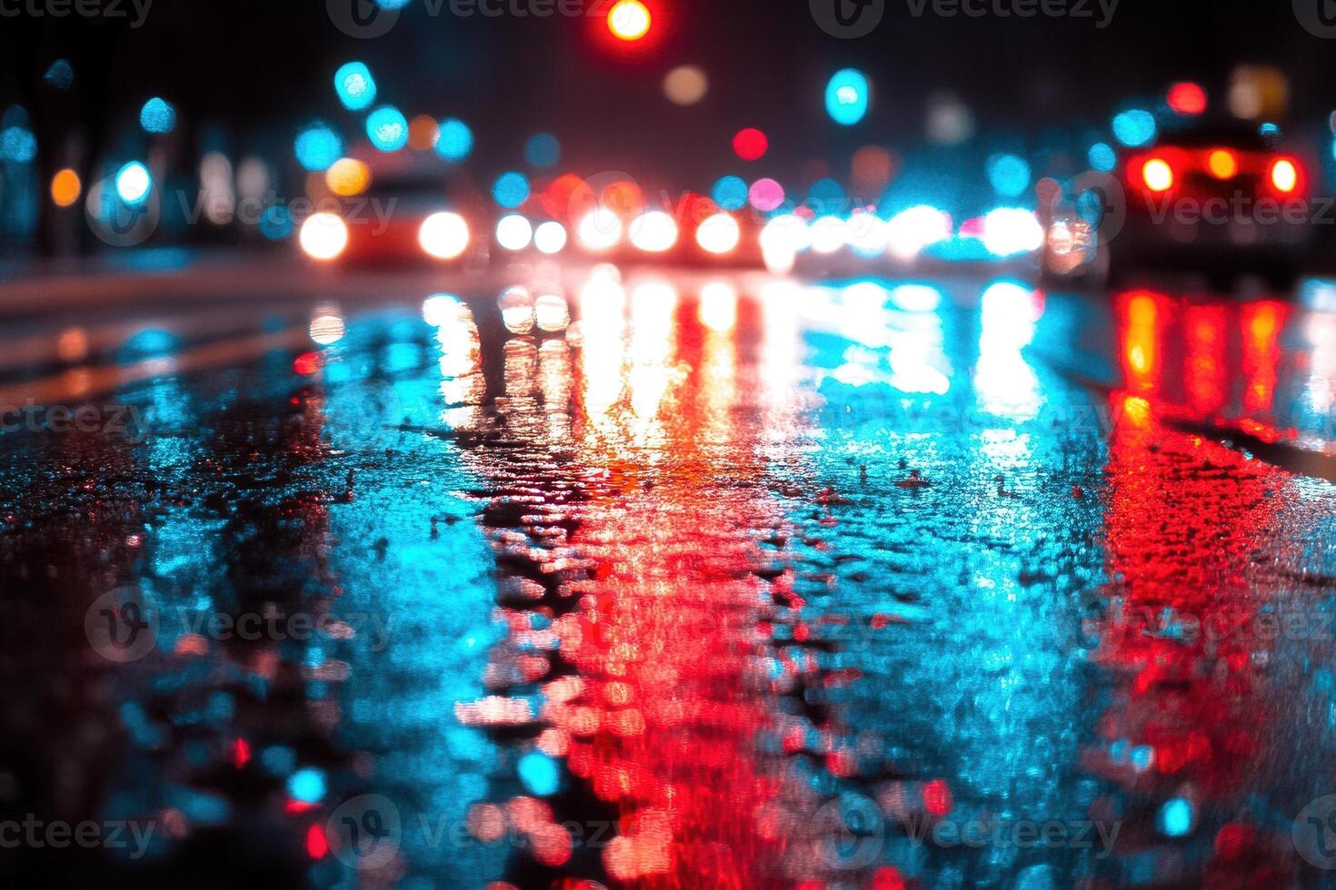 Nighttime street scene with colorful reflections. photo