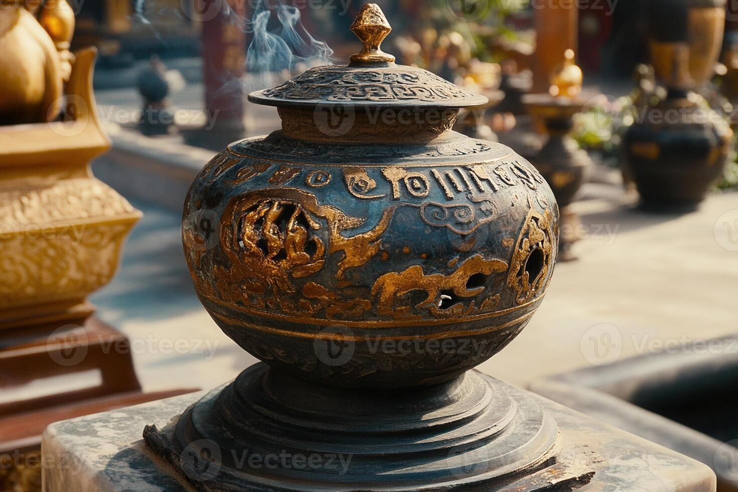 Ornate incense burner with smoke rising. photo