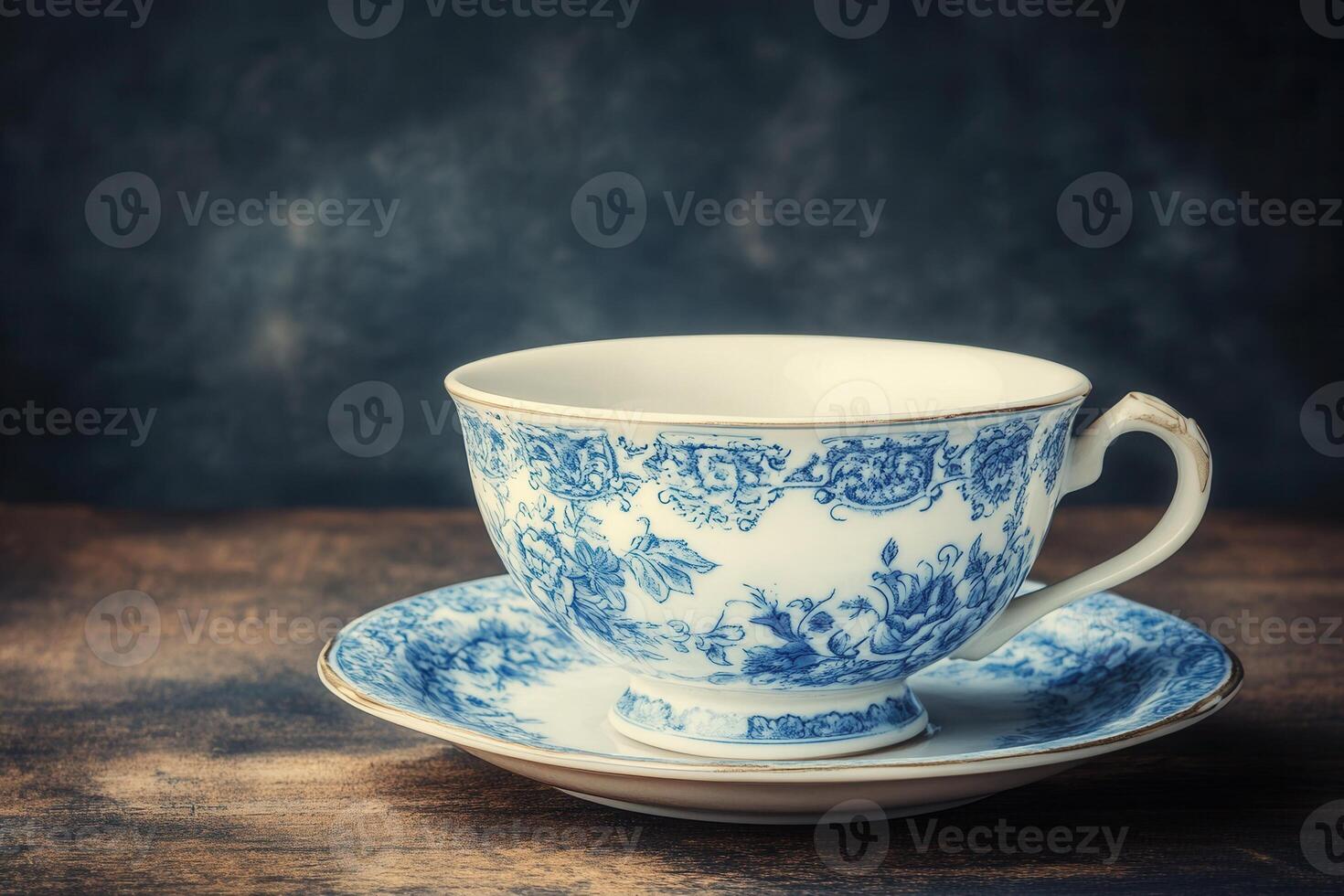 Elegant blue and white tea cup on a wooden surface. photo
