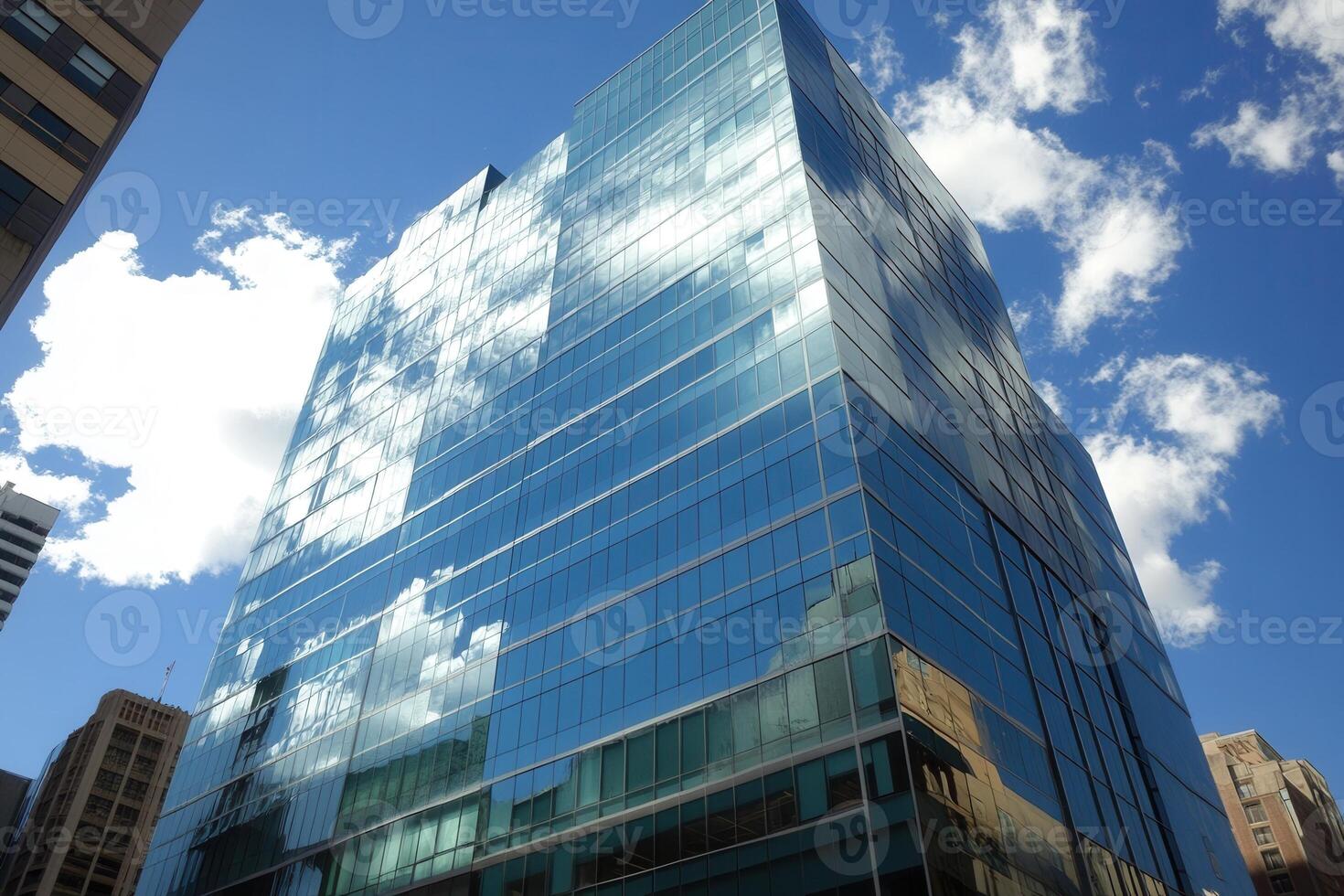 Modern glass building reflecting clouds in the sky. photo