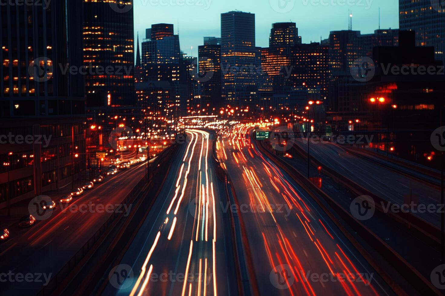 Nighttime cityscape with light trails on a highway. photo