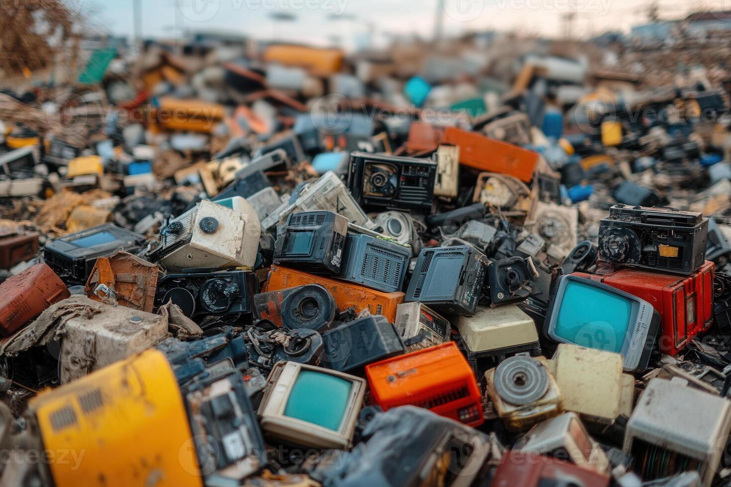 Pile of discarded old televisions in a junkyard. photo