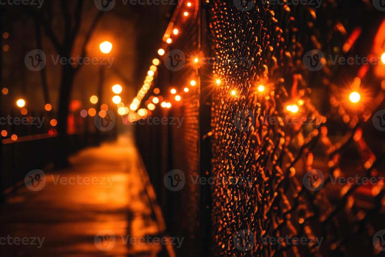 Night scene with illuminated fence and pathway. photo