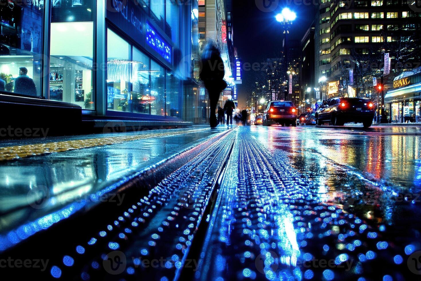 Nighttime urban scene with reflections on wet pavement. photo