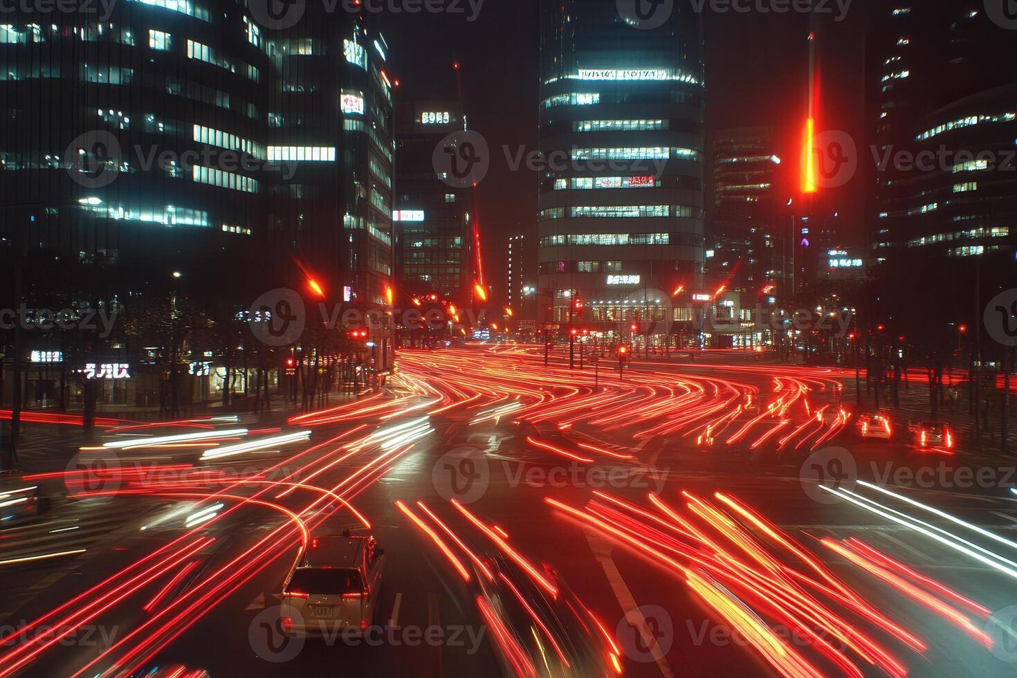 Nighttime cityscape with light trails from traffic. photo