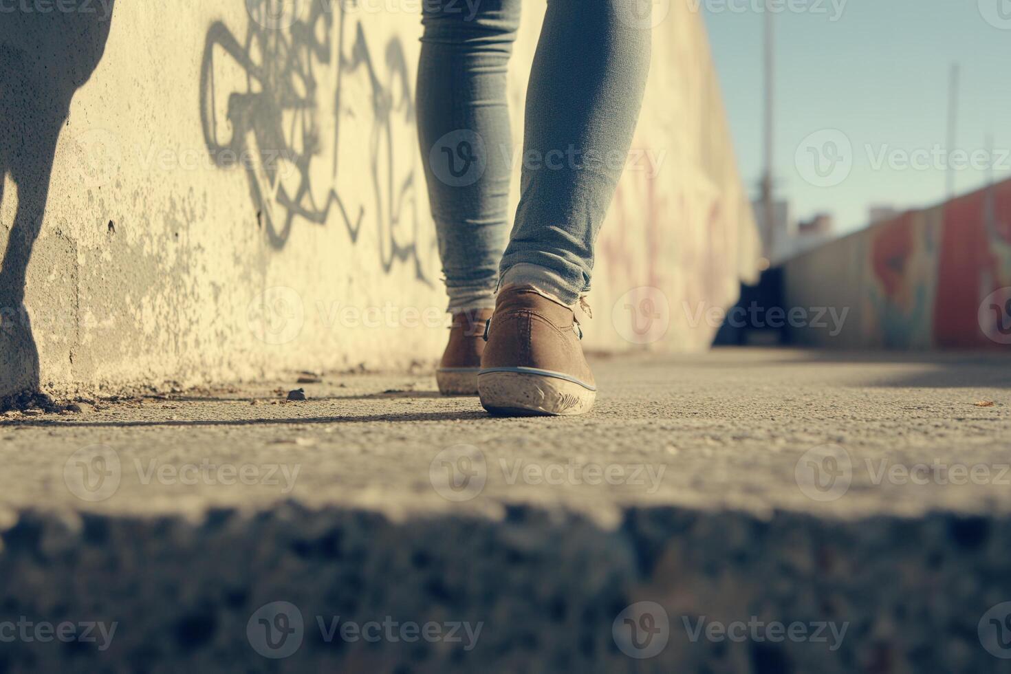 Person walking on a textured path with graffiti backdrop. photo