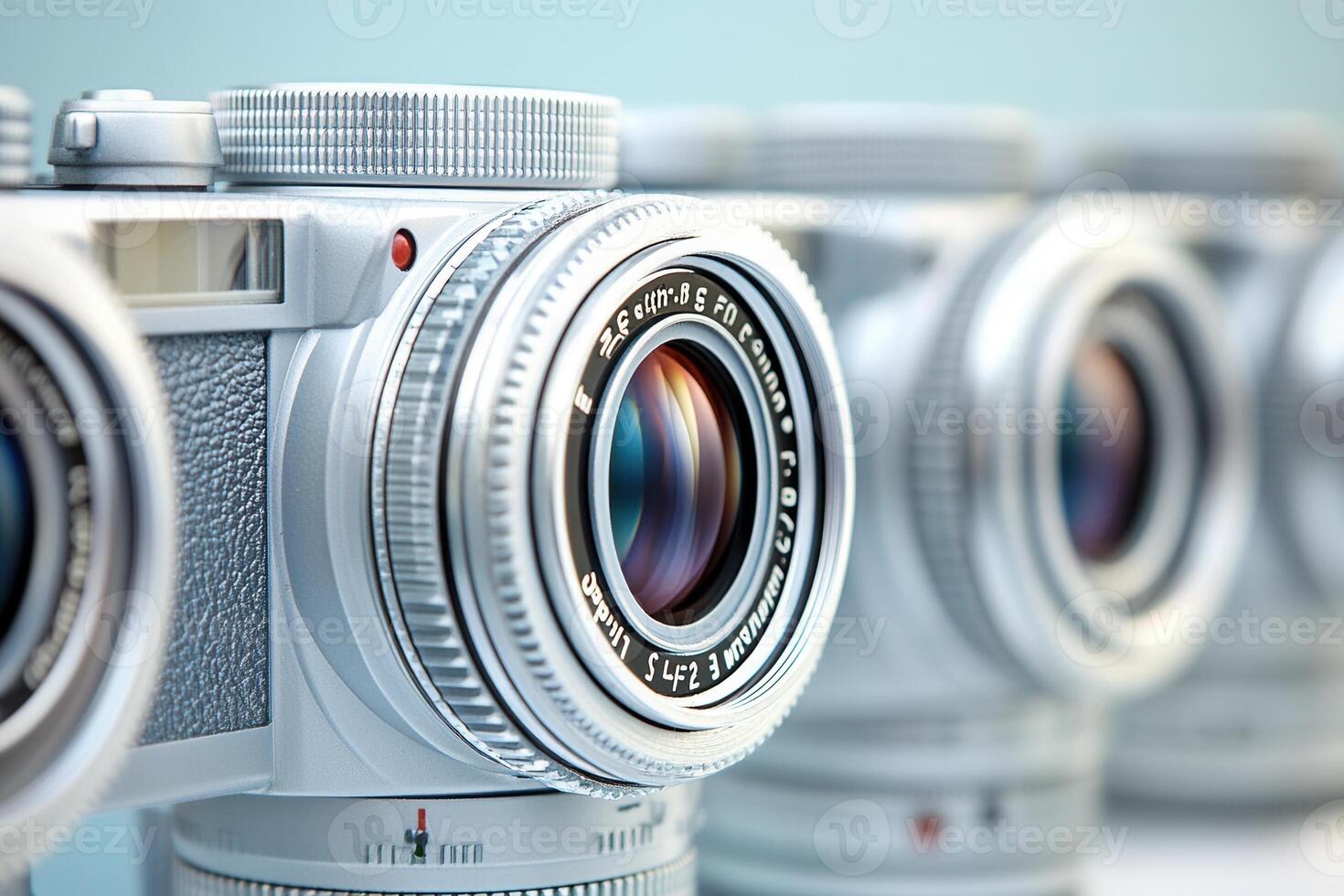 Close-up of white cameras showcasing photography equipment. photo
