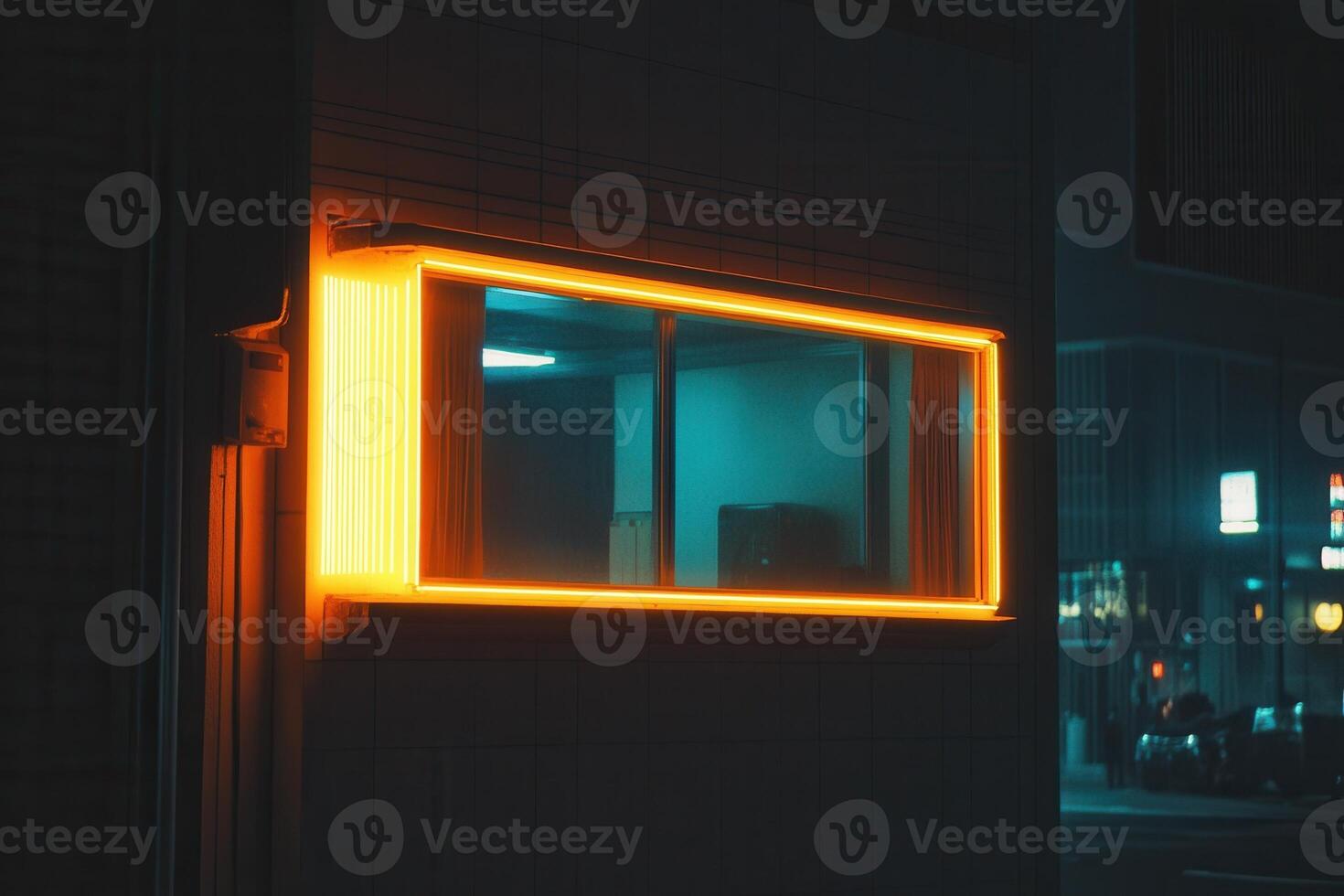 Neon-lit window in an urban setting at night. photo