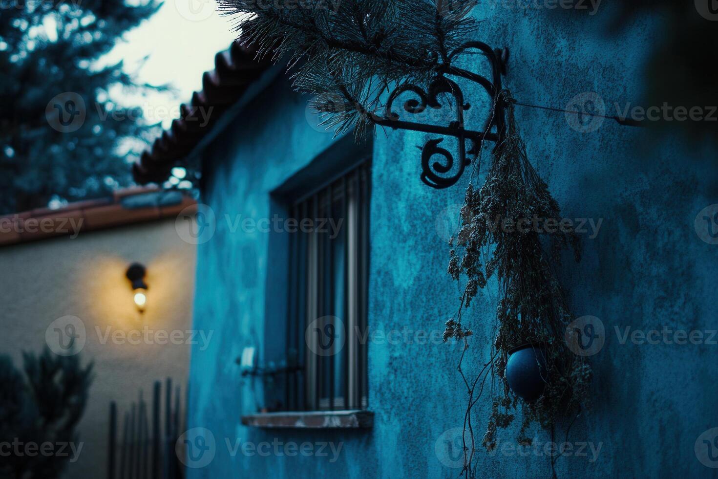 Evening scene of a textured wall with decorative elements. photo