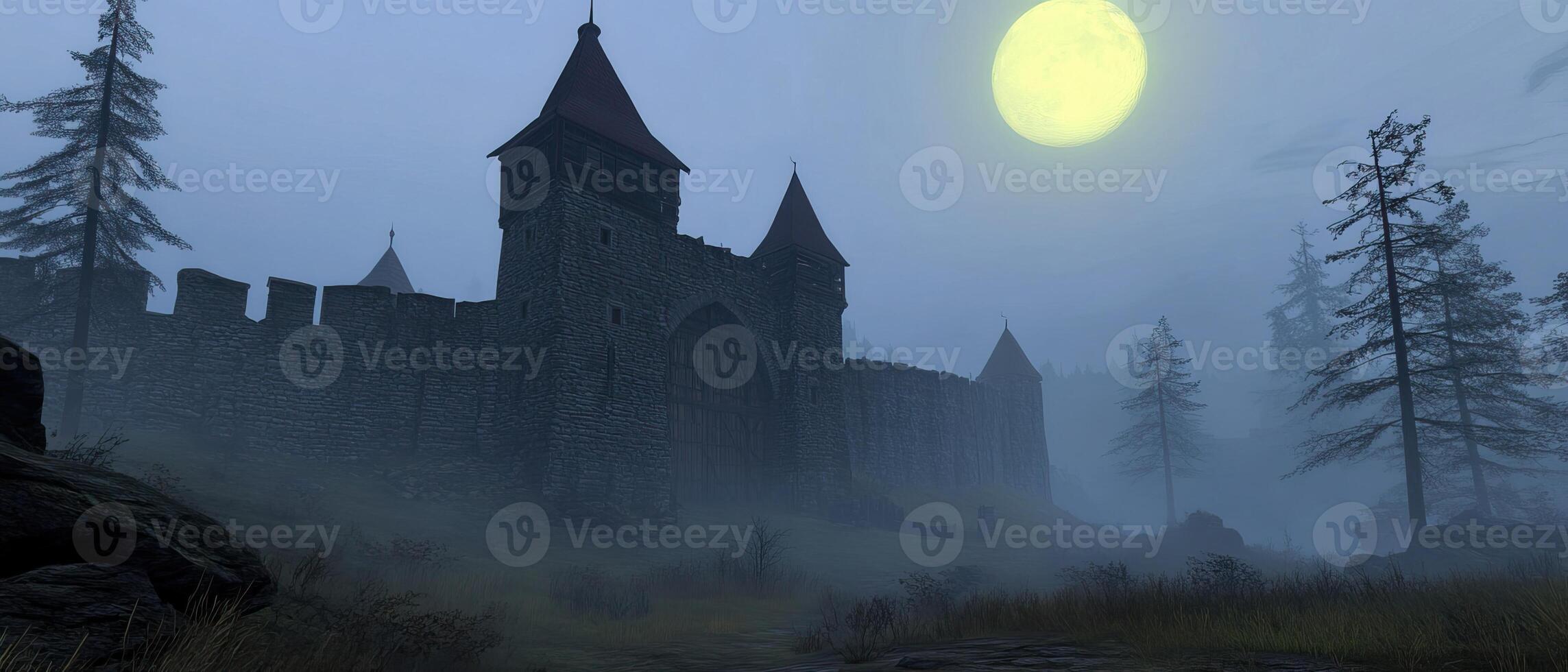 Misty castle gate, moonlit hills, game scene photo