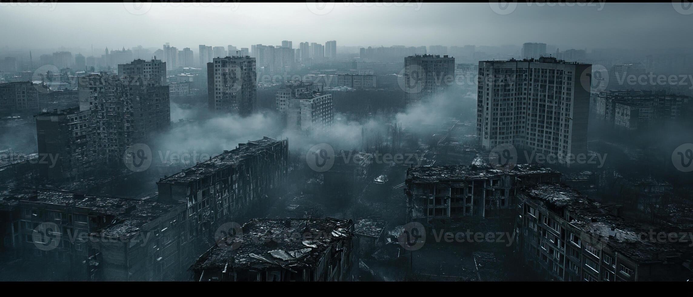 Foggy city ruins aerial view, destruction background, apocalyptic film photo