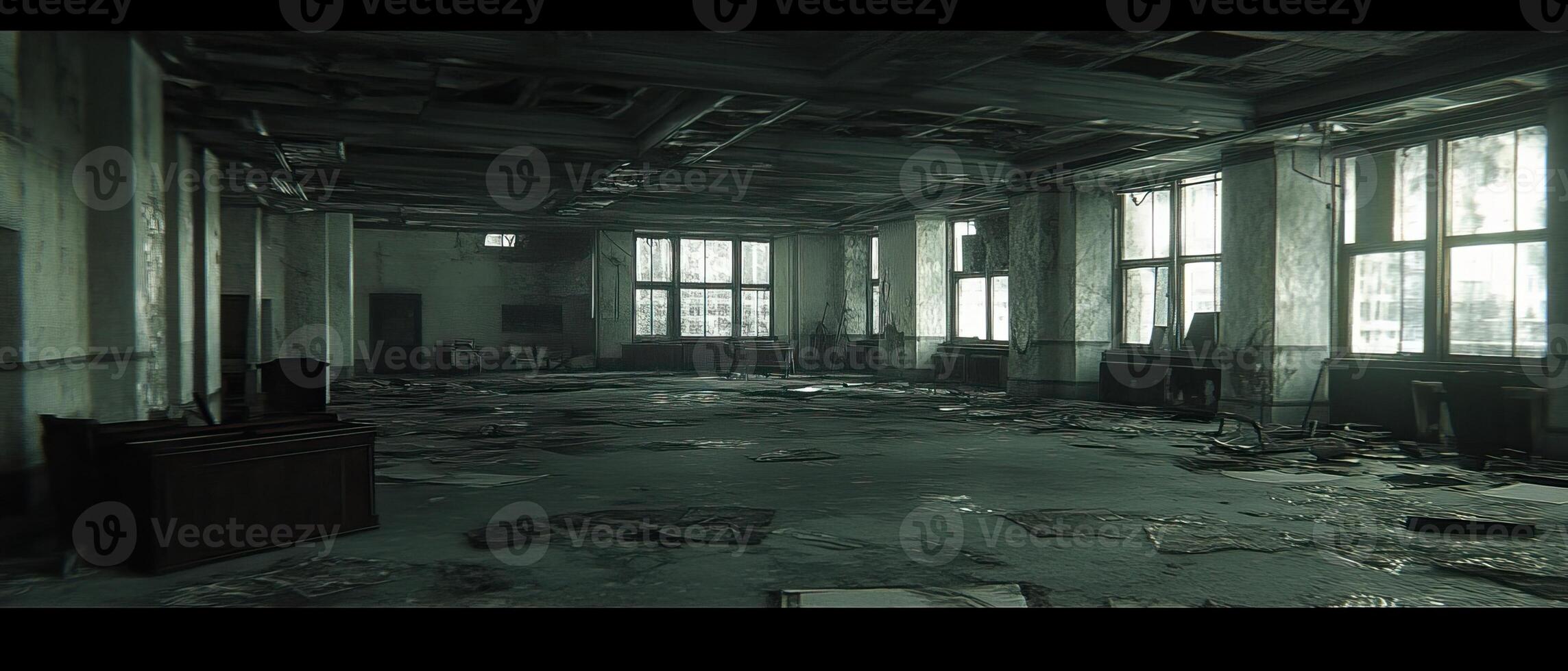 A room with lots of windows and lots of debris photo