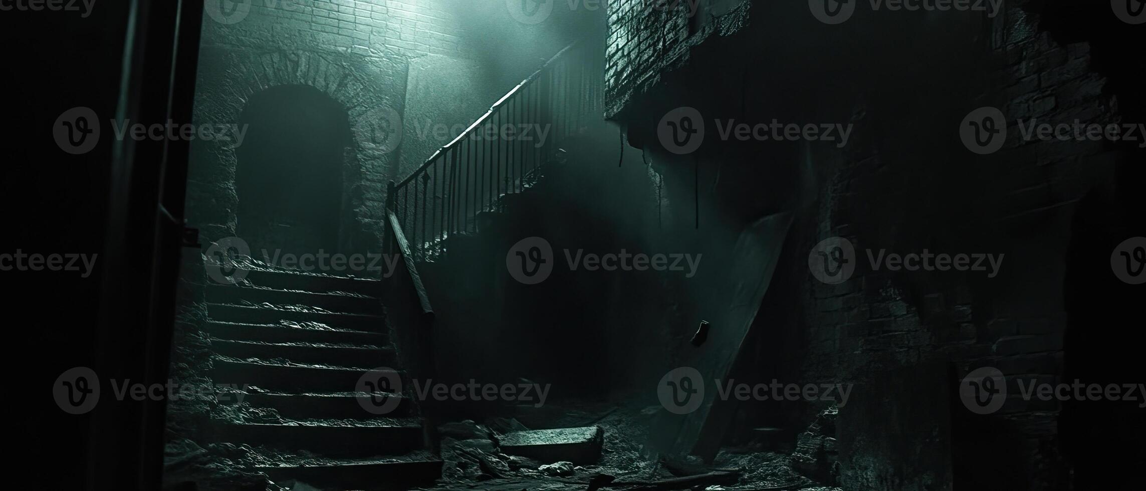 Dark cellar stairs, ruined building, mystery photo