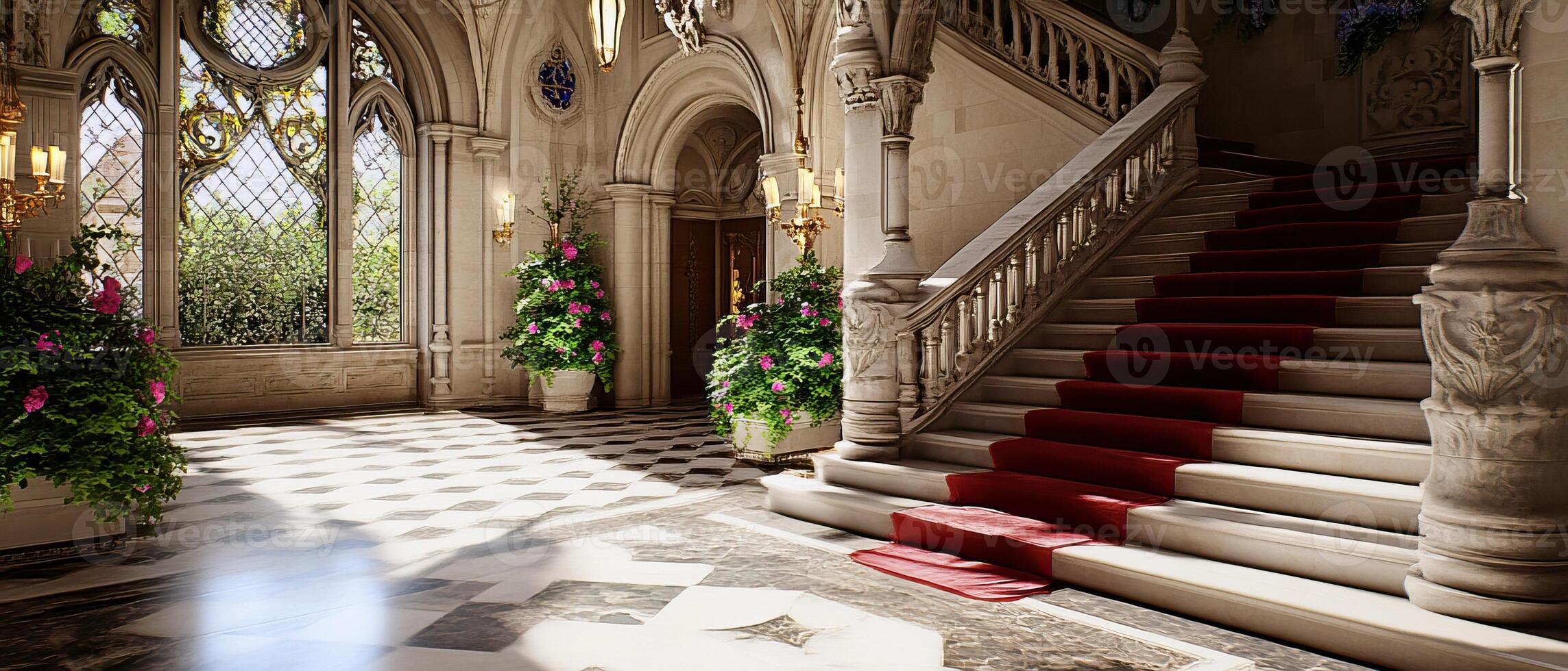 Grand Manor Hall Staircase, Garden View, Sunlit Floor photo