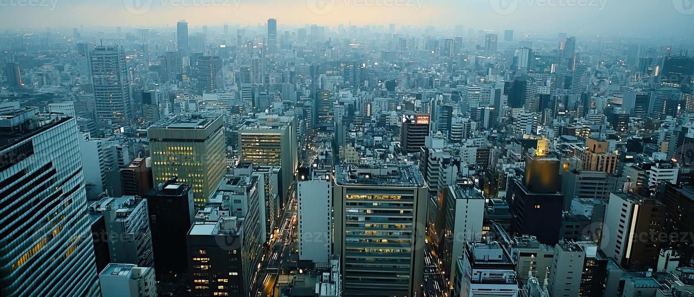 A city skyline is seen from above in a foggy day photo