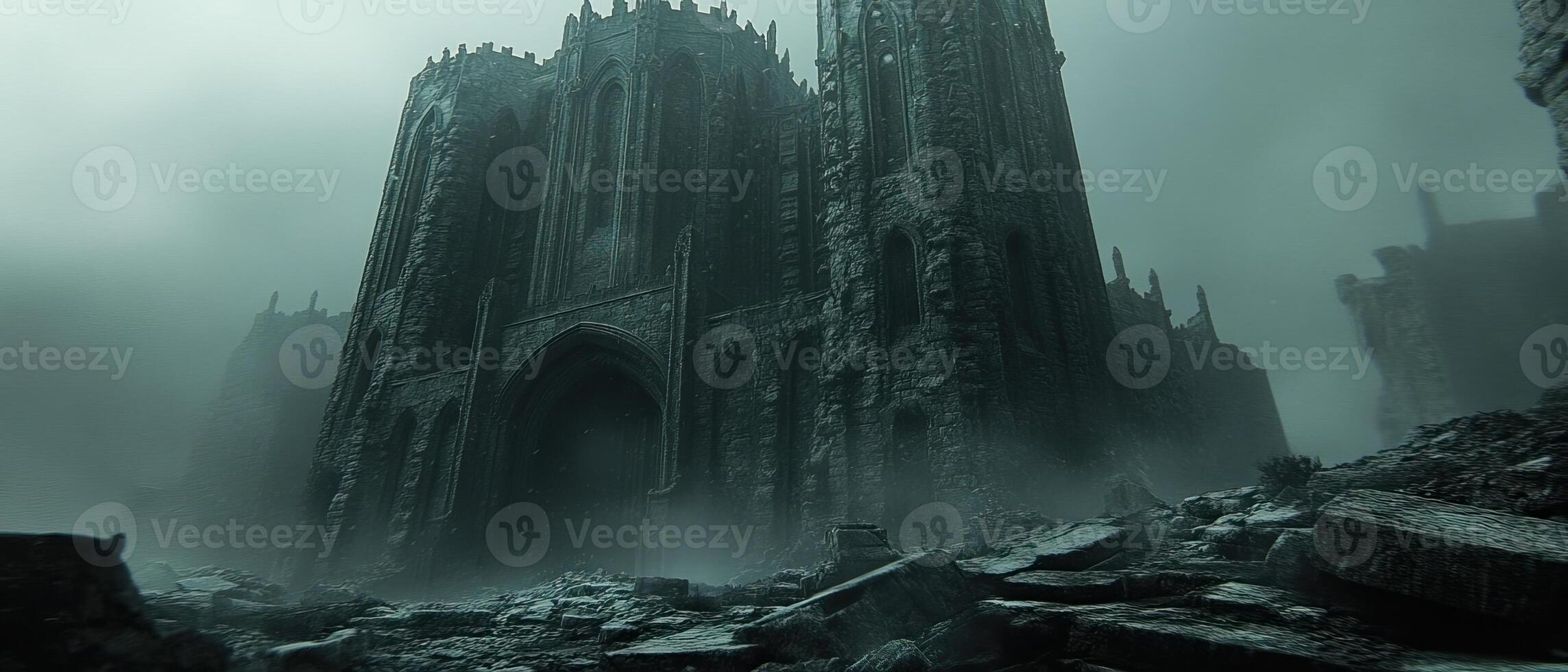 Gothic ruin, fog, debris, apocalypse, game art photo