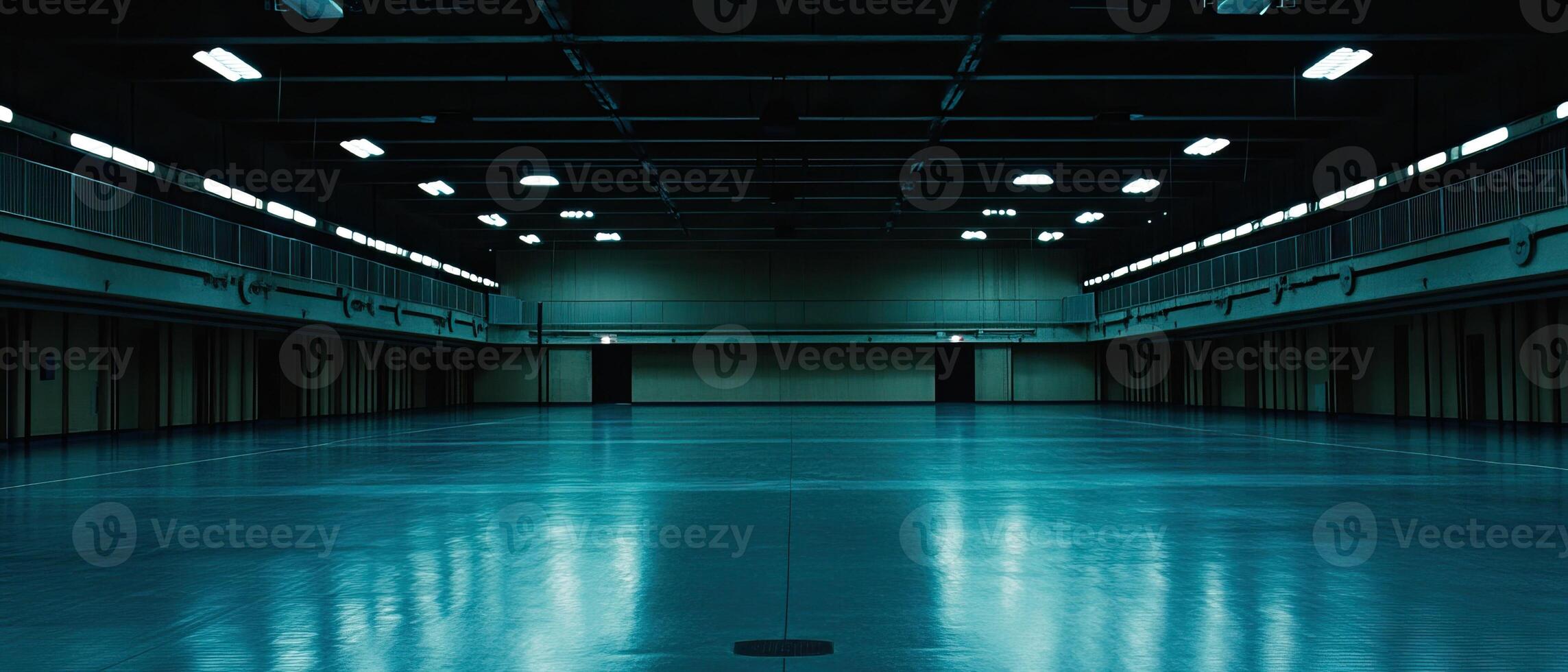 Empty hall, teal floor, overhead lights, mezzanine photo
