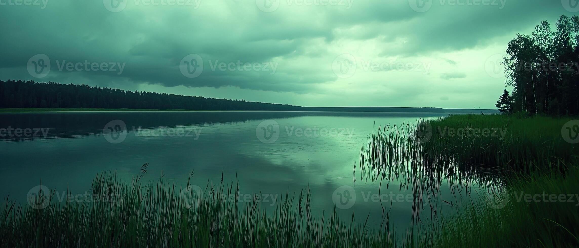 Calm lake, forest backdrop, cloudy sky, nature scene photo