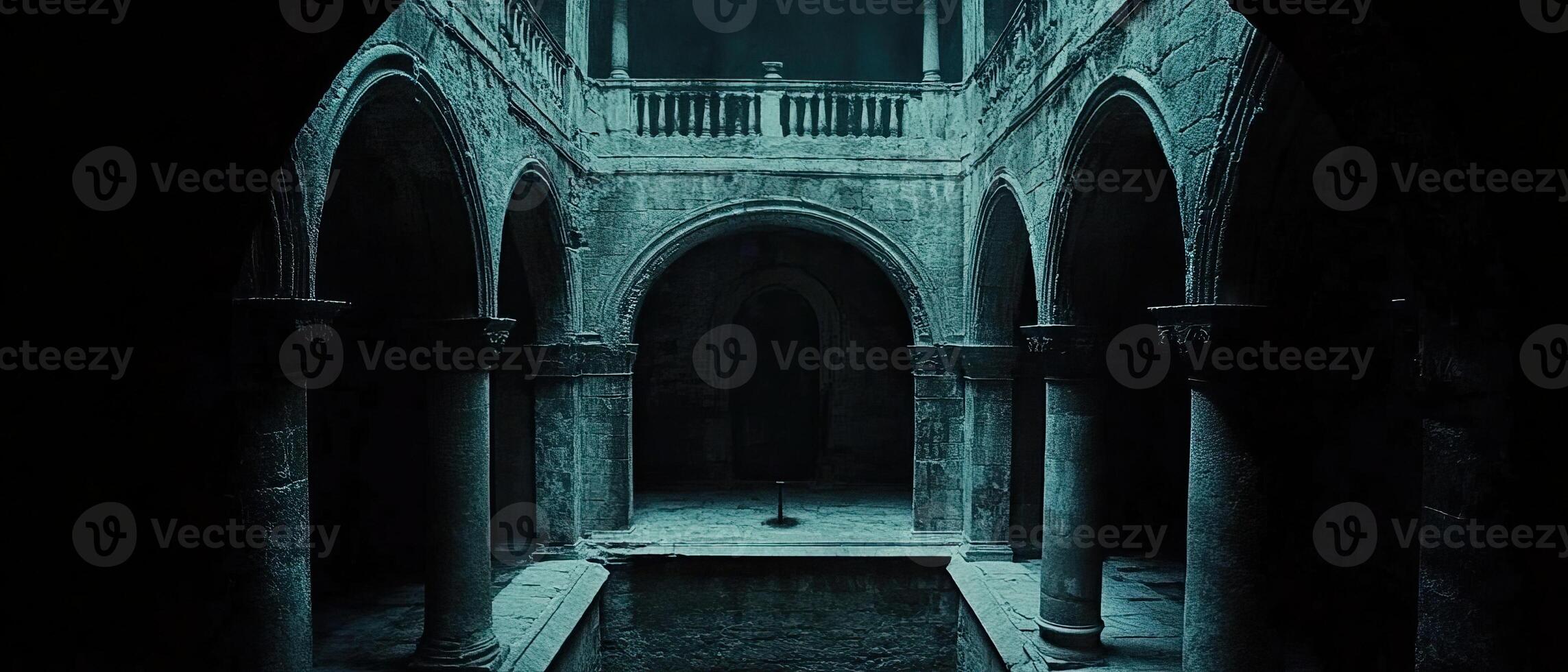 Dark courtyard pool, ancient arches, night photo
