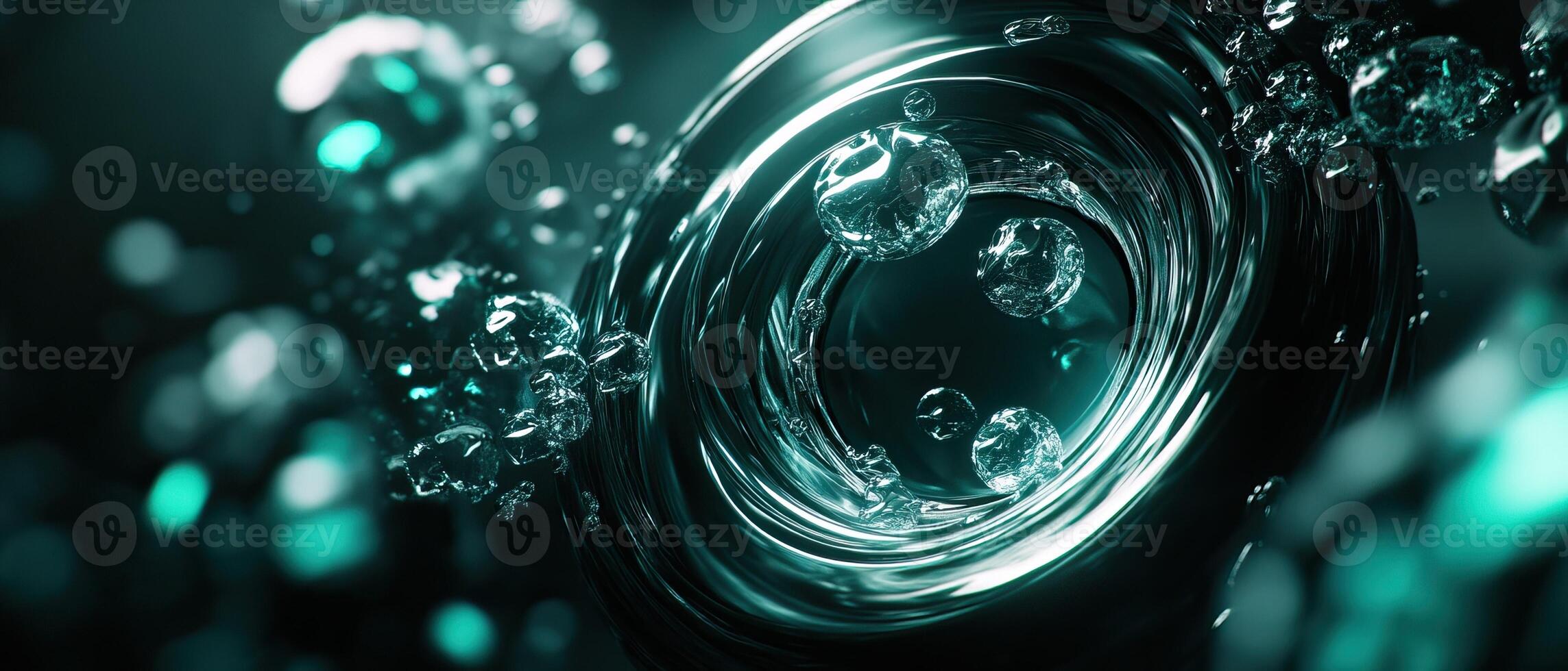 Aqua vortex swirls, bubbles burst, dark backdrop, digital art photo