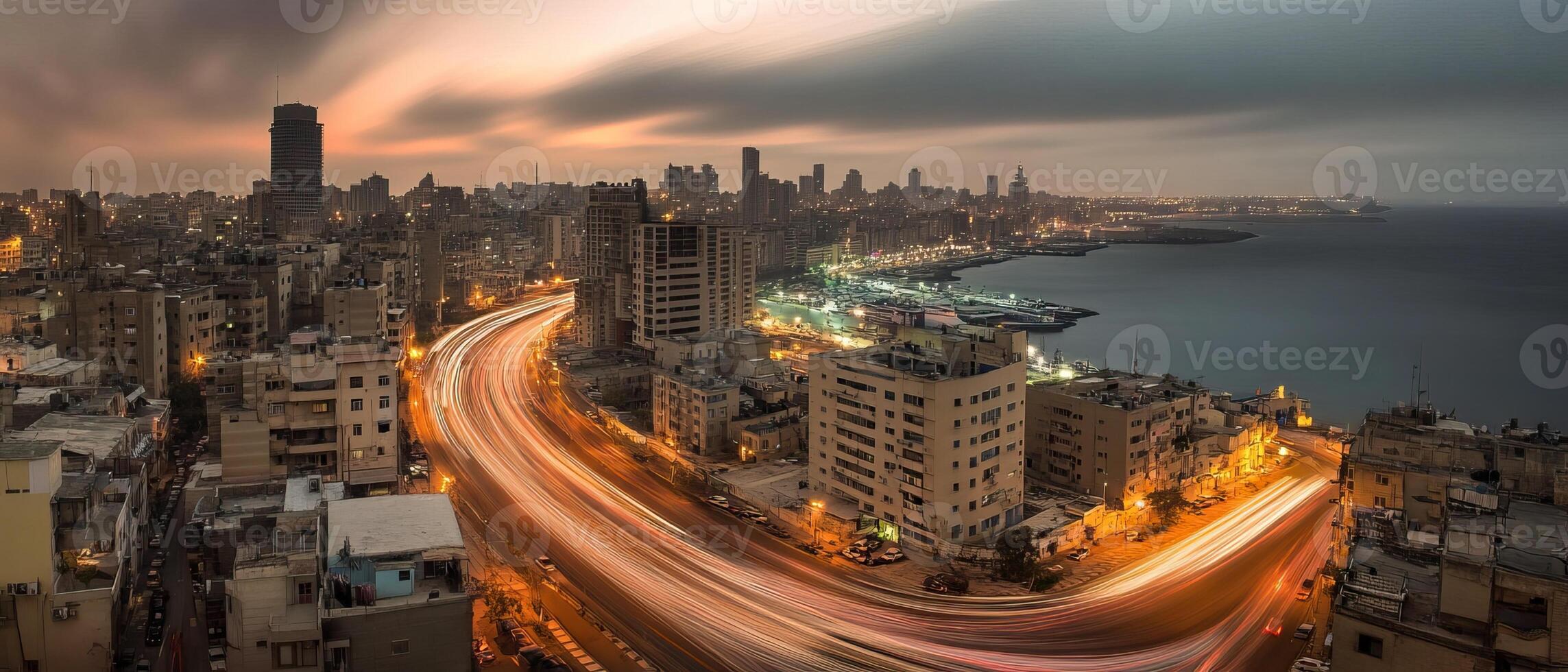 Coastal City Highway Sunset, Traffic Trails photo