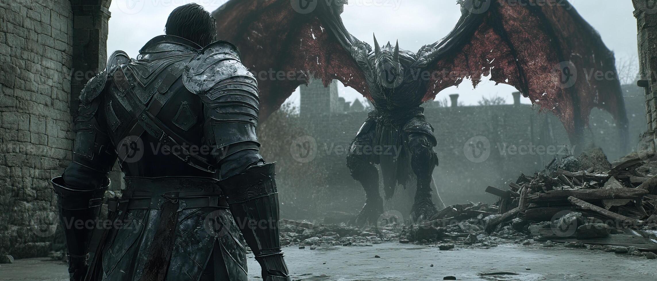 Knight faces dragon, ruined castle backdrop photo