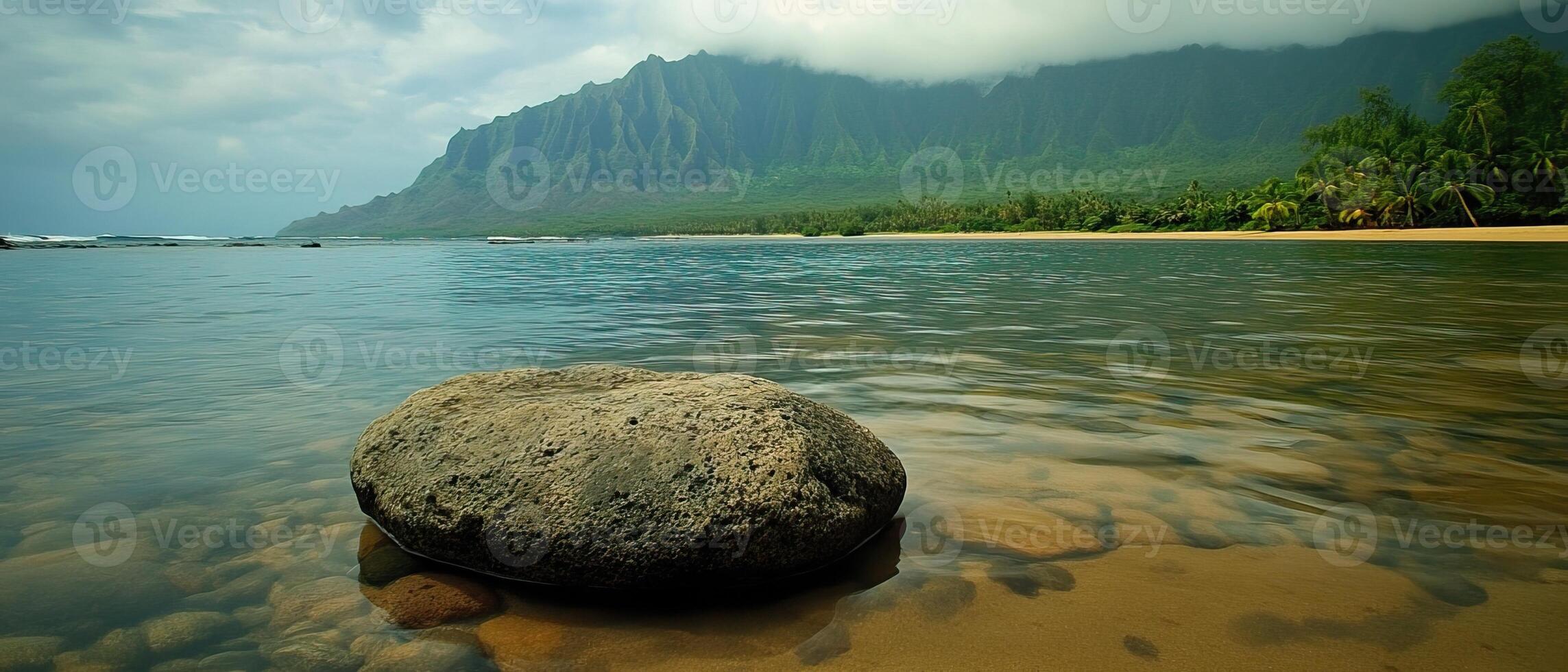 Calm beach rock, mountain backdrop photo