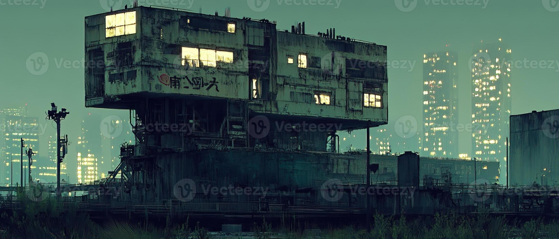 Derelict urban structure, night cityscape backdrop photo
