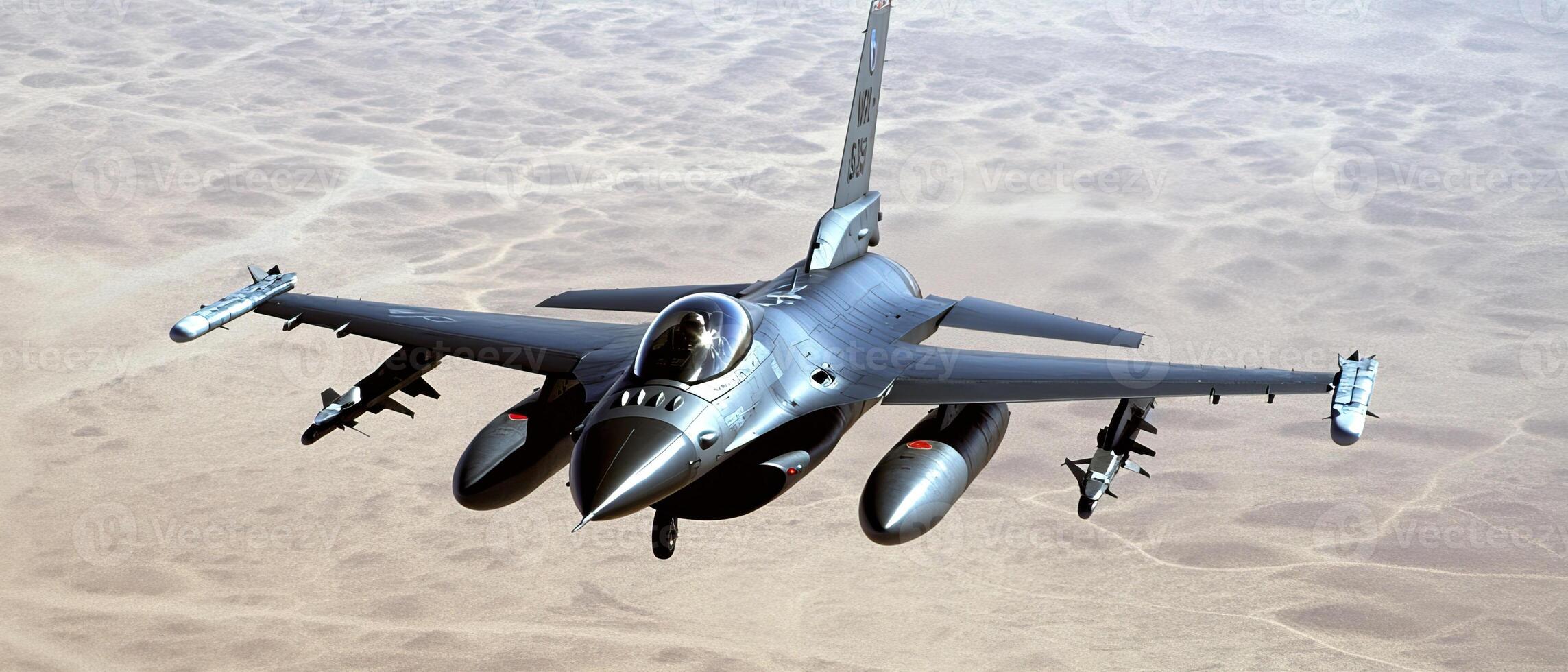 Fighter jet desert flight, aerial view photo