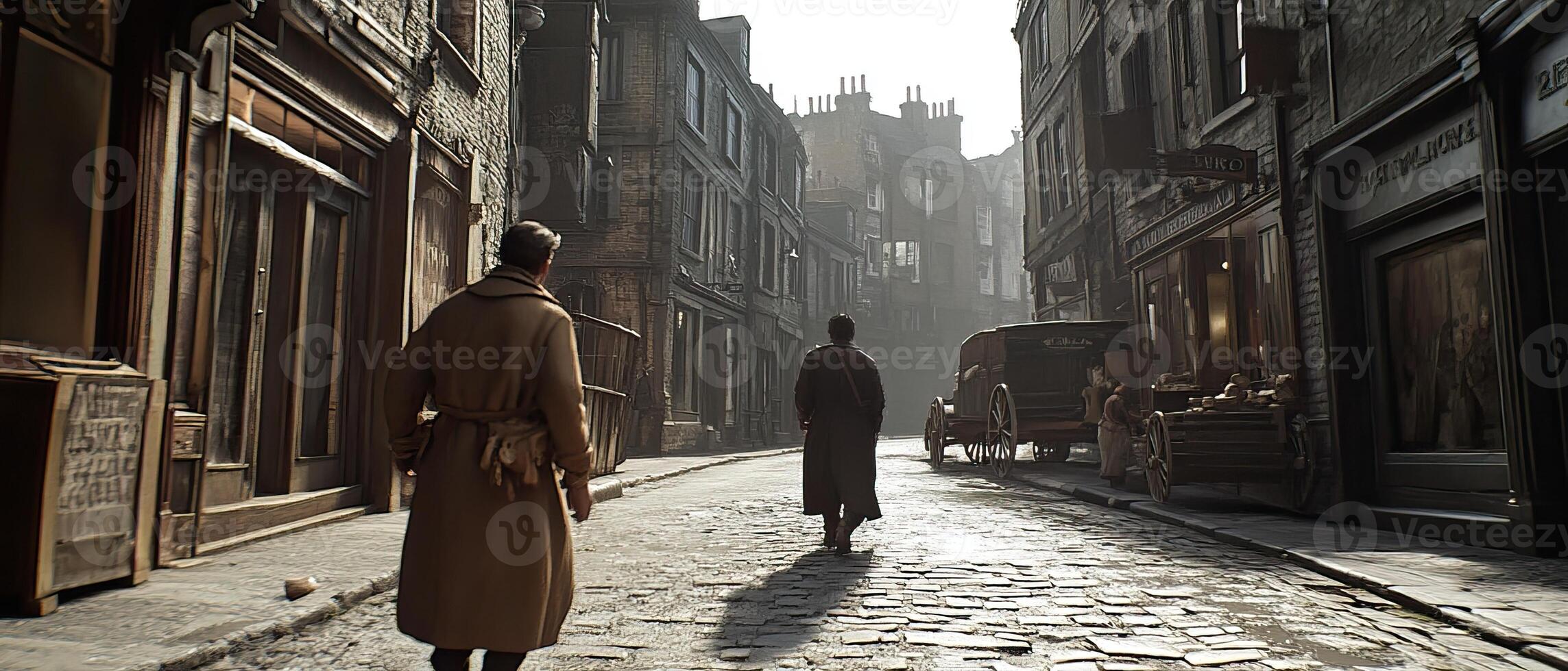 Men walking cobblestone street, vintage car, old city background photo