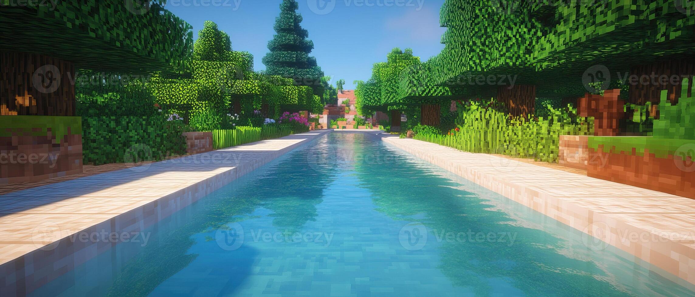 Canal in lush garden, sunny day, house background, game design photo