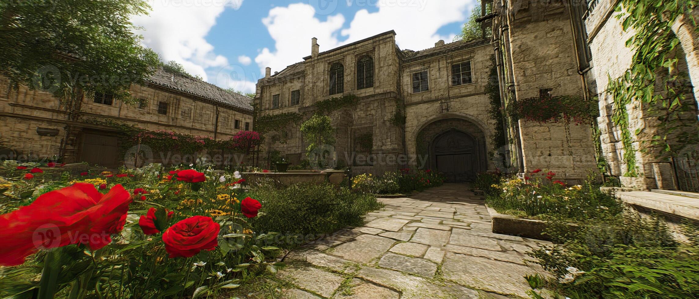 Courtyard garden, stone building, sunny day, game background photo