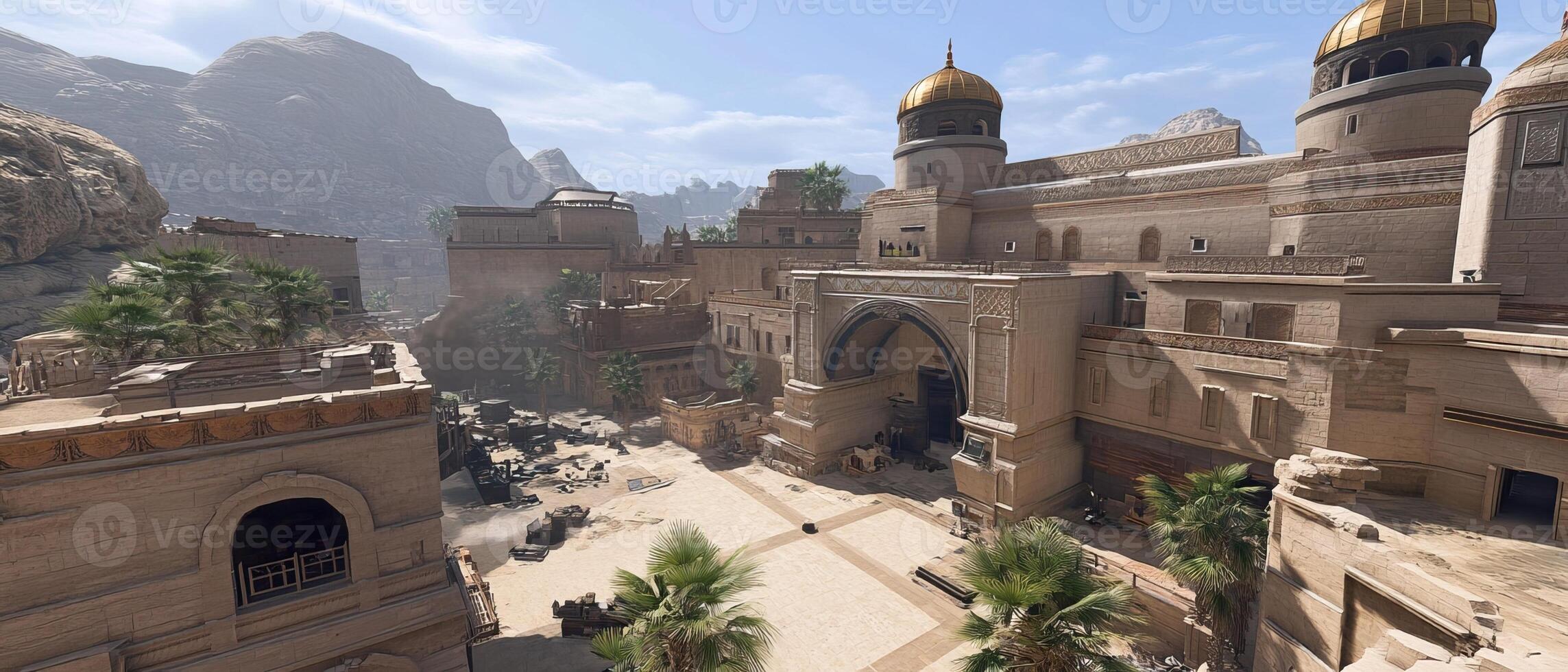 Desert city square, mountain backdrop, daytime photo