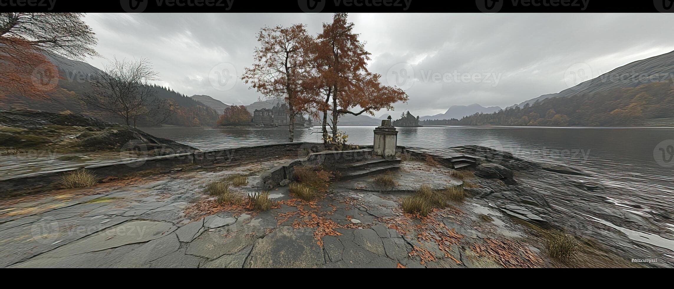 Autumnal lake, stone structure, misty mountains, tranquil scene photo