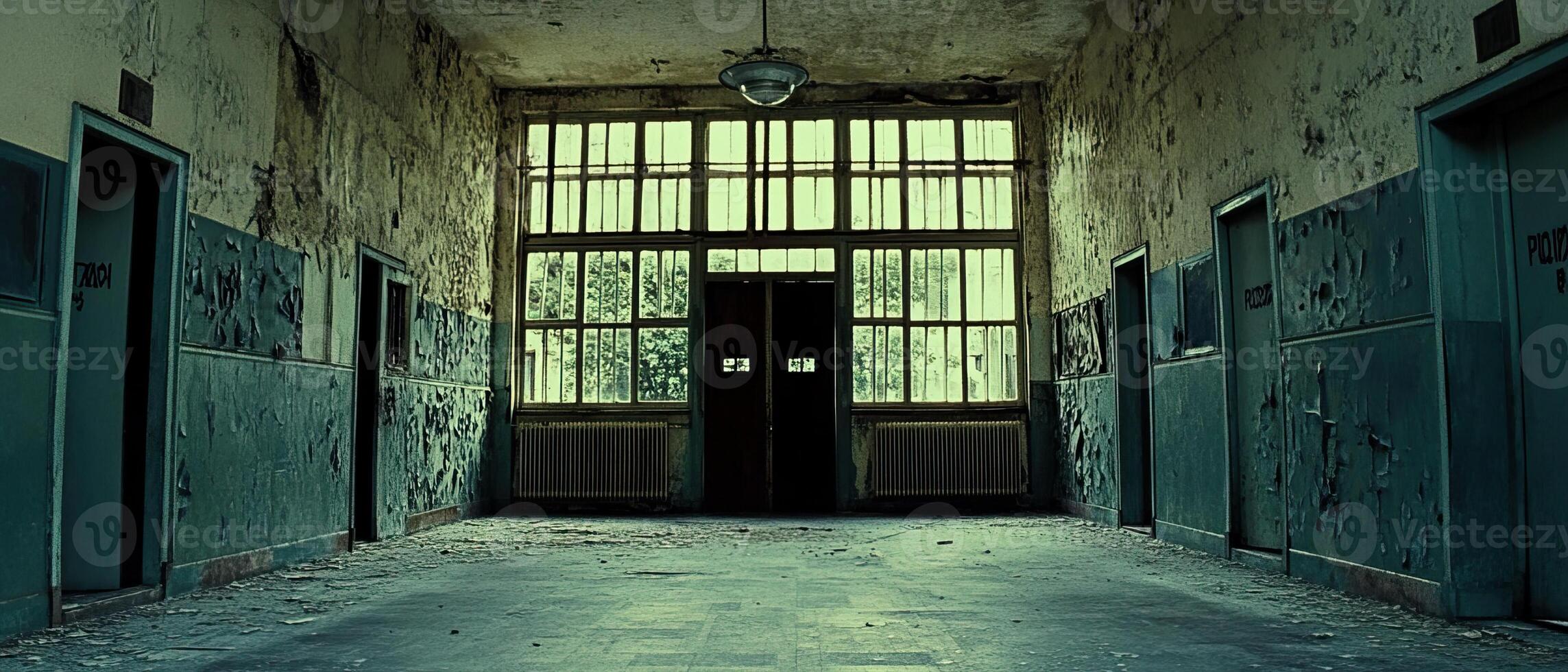 Decaying hallway, derelict building, overgrown trees outside, film backdrop photo