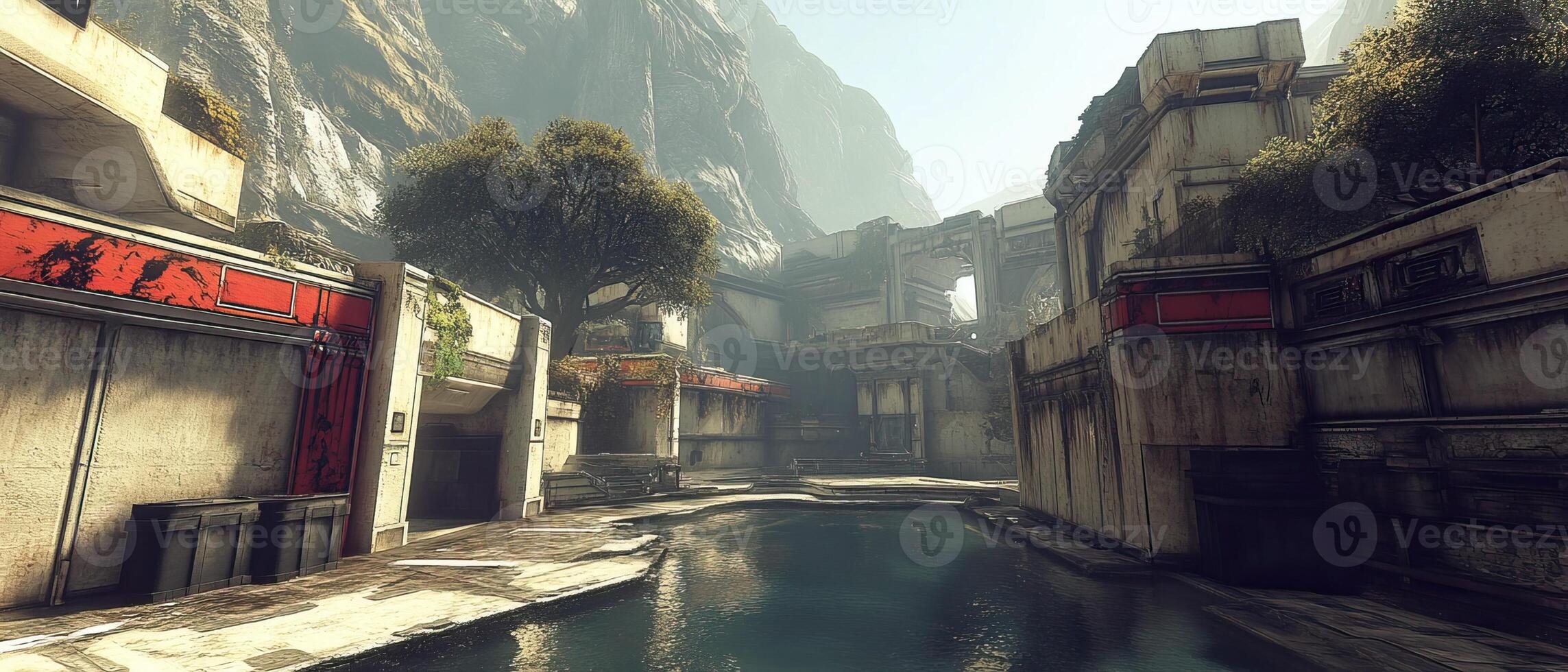 Canyon city pool, futuristic ruins background, game scene photo