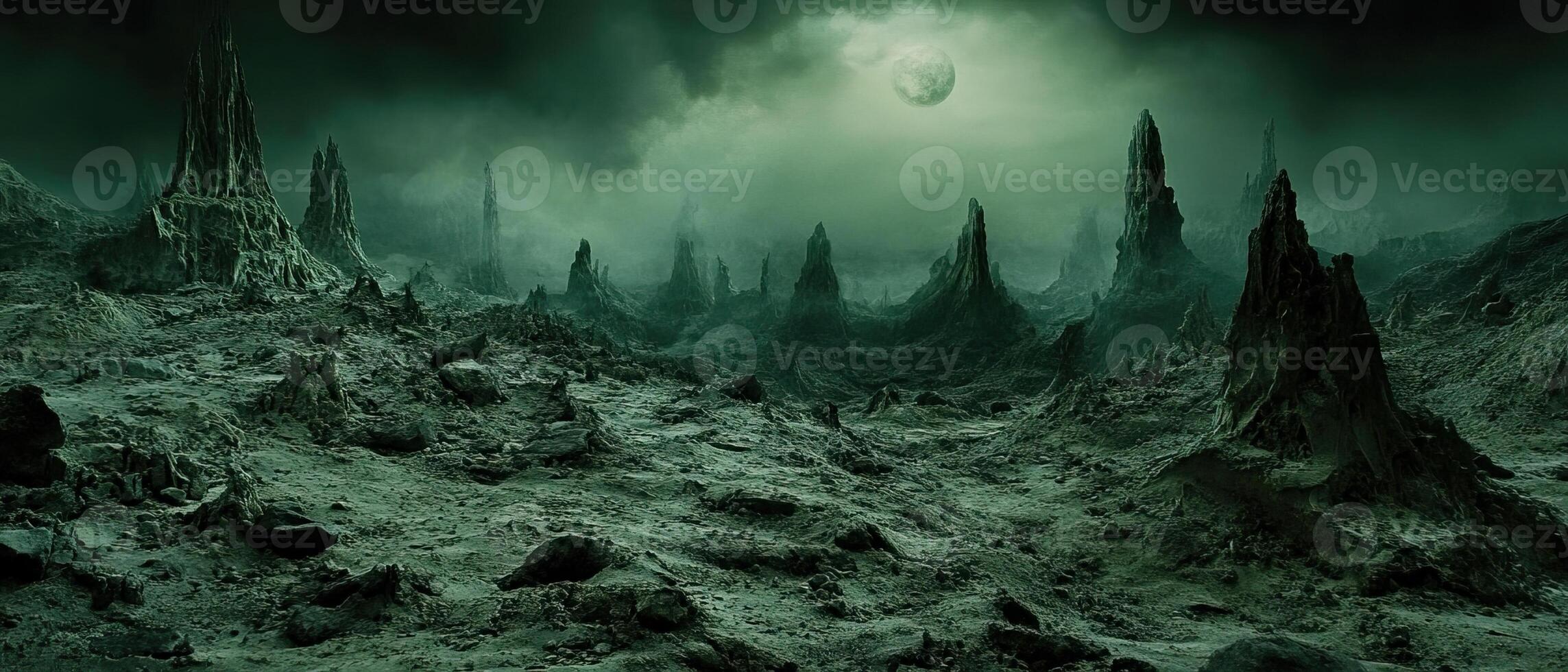 Alien Planet Night Landscape, Moonlit Rocks photo