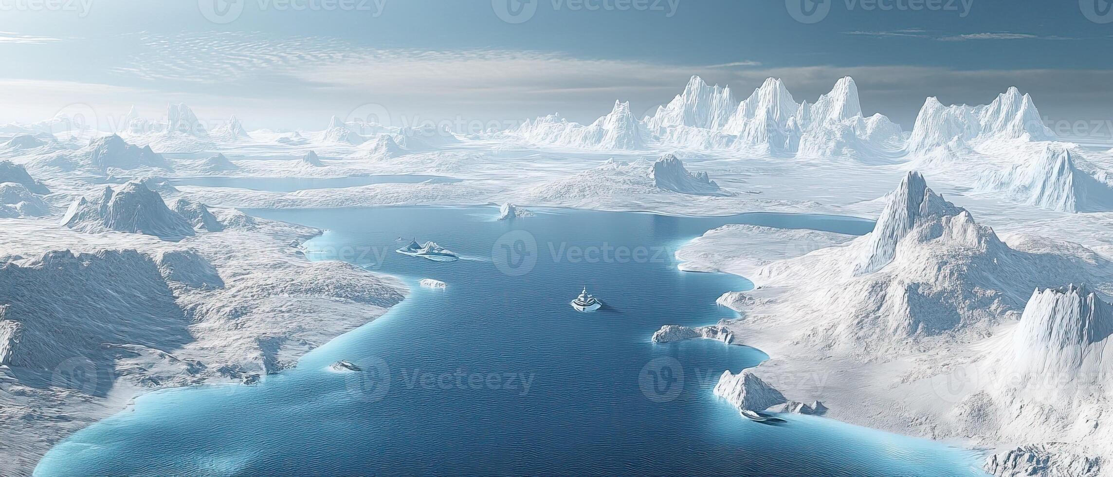 Arctic coastal panorama icy mountains, tranquil waters, background sky photo