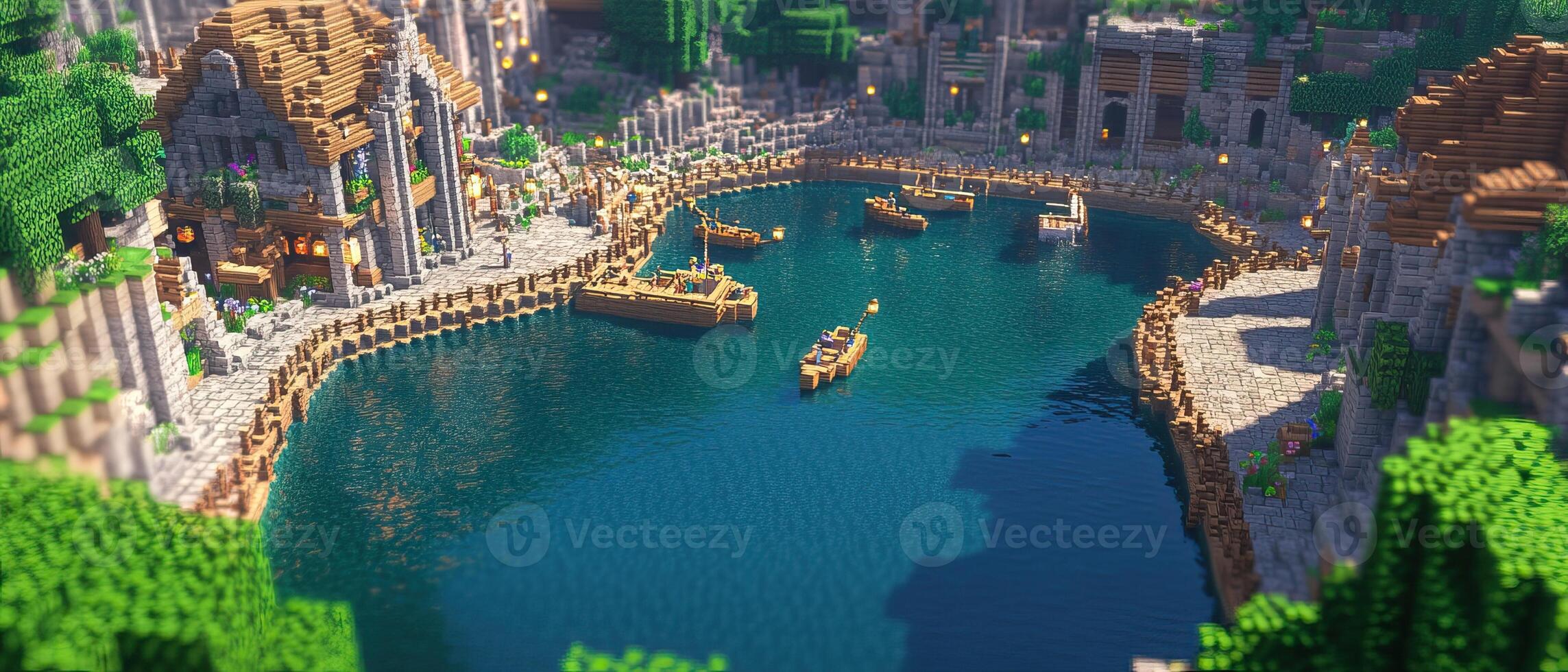 Harbor town, boats docked, forest backdrop, game asset photo