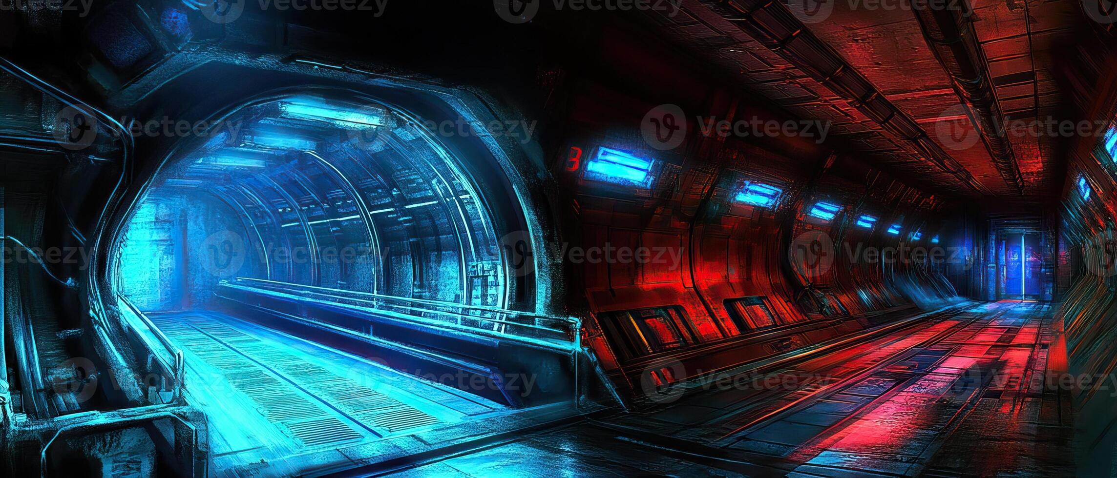 A futuristic tunnel with blue lights and red lights photo