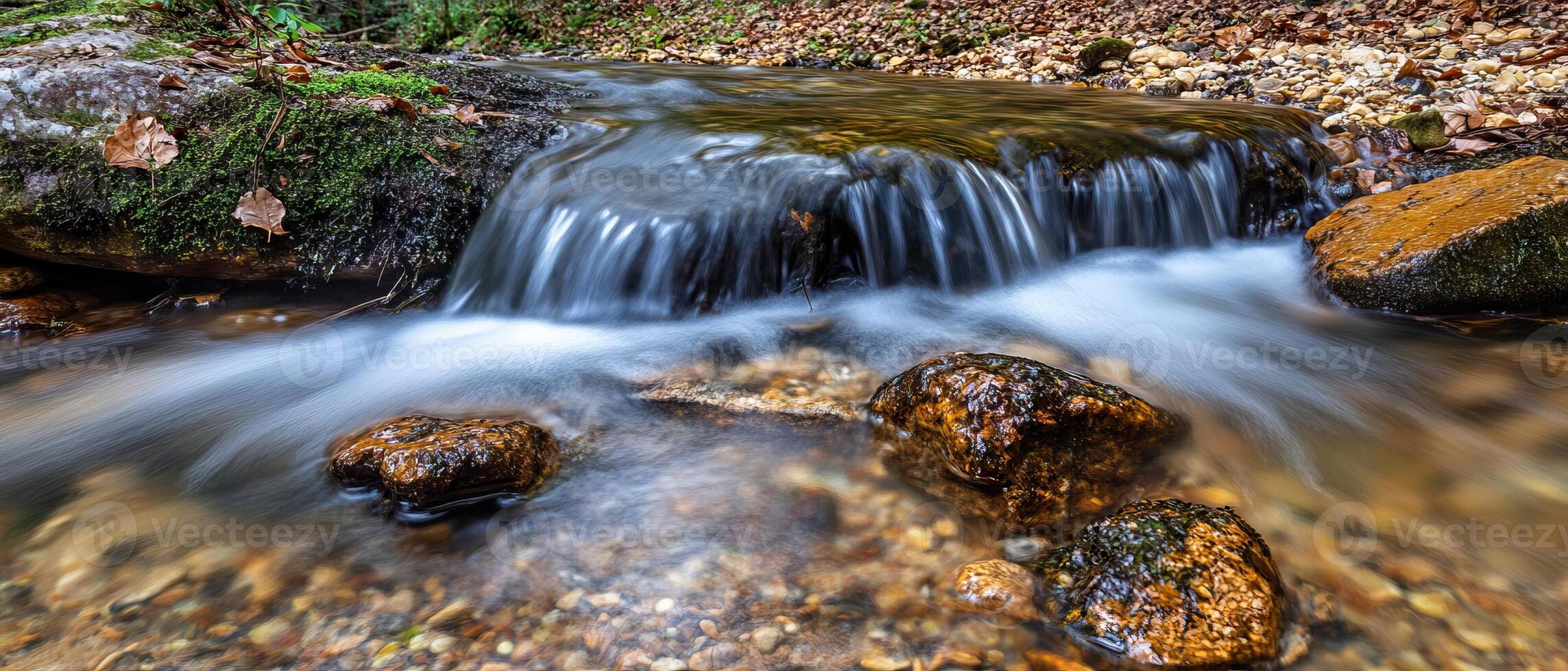 Forest stream flows over rocks, autumn leaves background photo