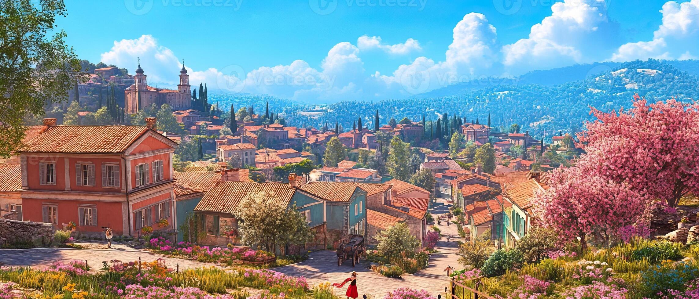 Hilltop village, couple strolling, spring blooms, mountain backdrop, travel poster photo